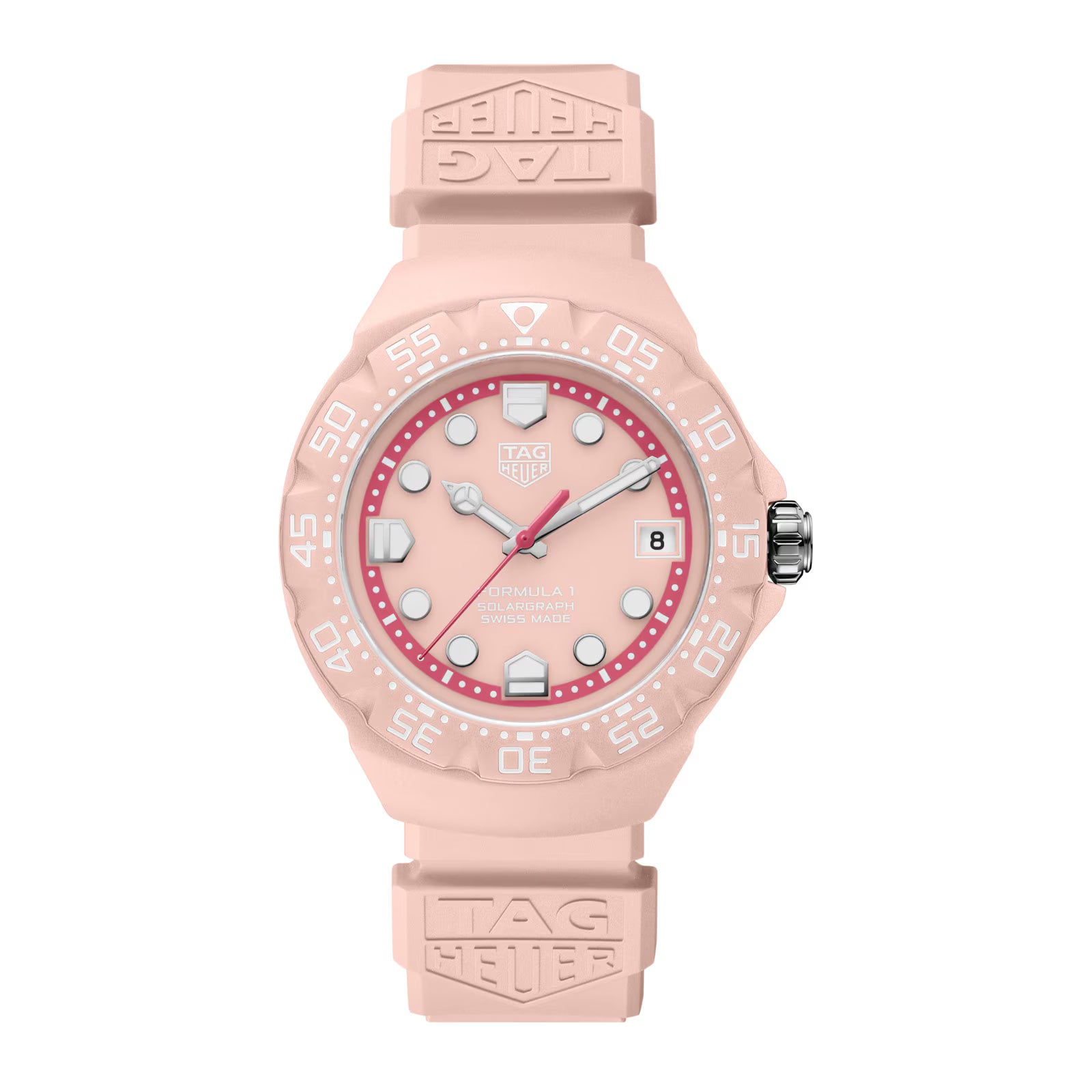 Pink sports watch with red bezel, date window, and matching rubber strap.