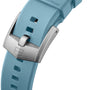 Close-up of a blue watch strap with a silver buckle on a white background