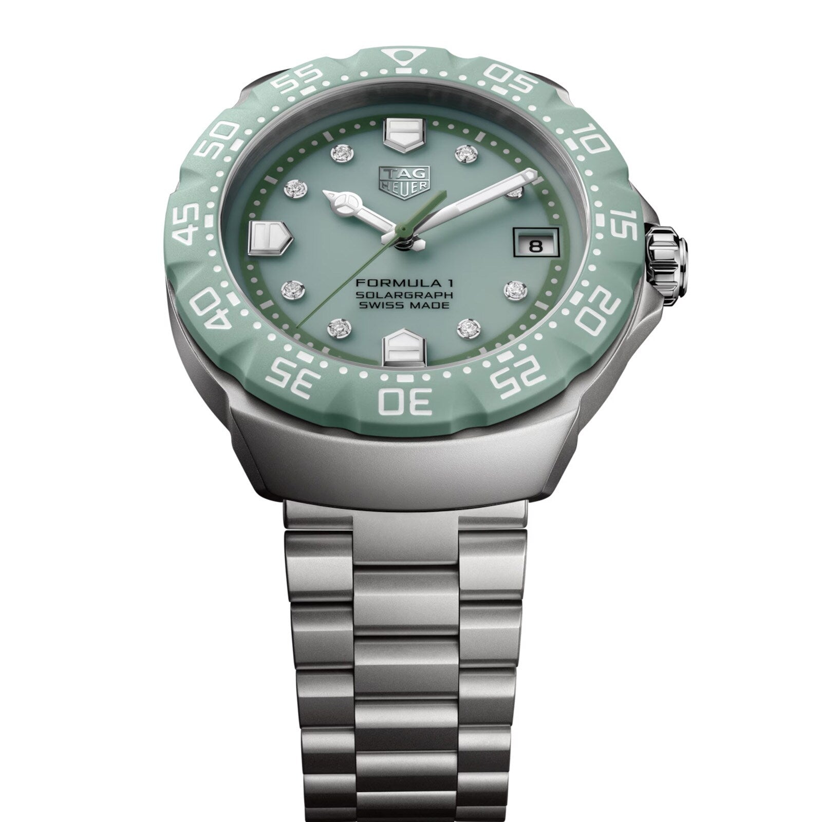 Green watch with silver bracelet on a white background