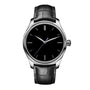The H. Moser & Cie Endeavour Centre Seconds Vantablack® is a black leather wristwatch with a silver case and minimalist black dial, displaying the time as 10:09:32.