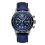 The Blancpain Air Command features a blue dial with vintage-inspired style, two subdials, white Arabic numerals, chronograph pushers, and a blue leather strap with white stitching.