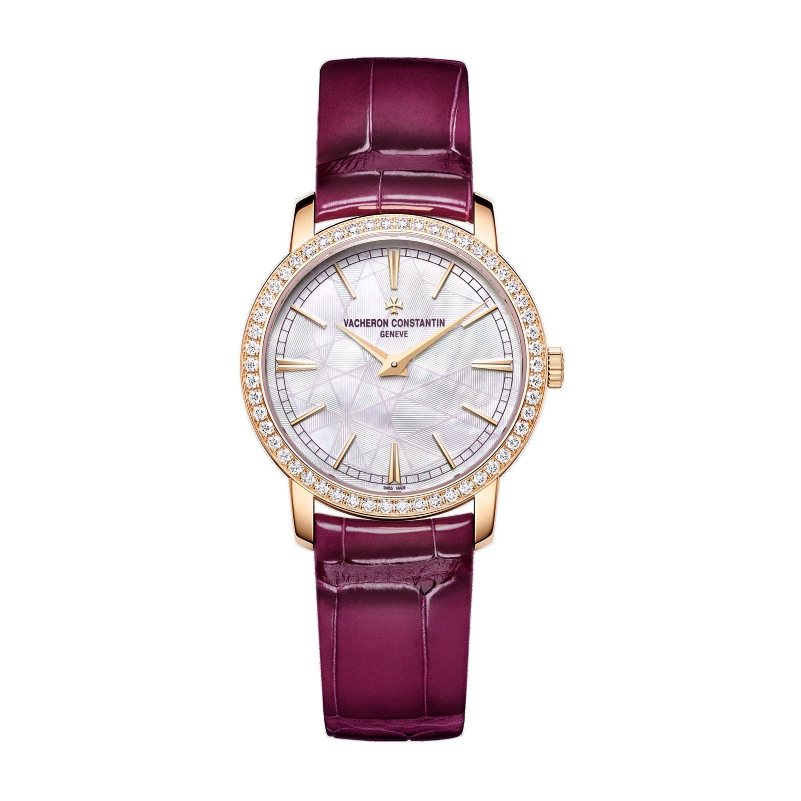 A limited edition Vacheron Constantin Traditionnelle Manual-winding in 18K pink gold, with a diamond bezel, mother-of-pearl dial, gold hour markers, and a burgundy leather strap.