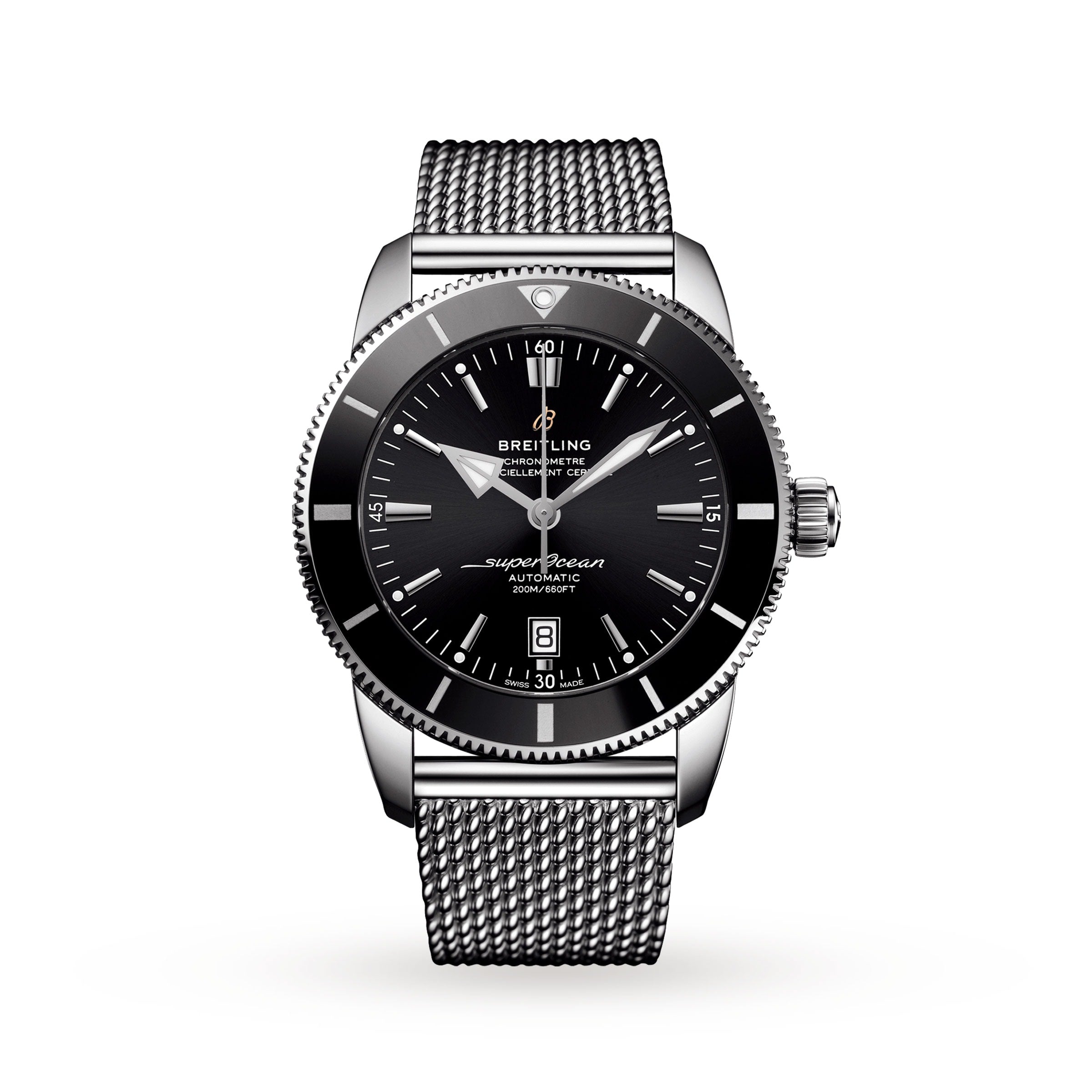 The Breitling Superocean Heritage B20 Automatic 46 features a 46mm stainless steel case, black dial with silver hour markers, date display, and a stainless steel mesh bracelet, shown on a white background.