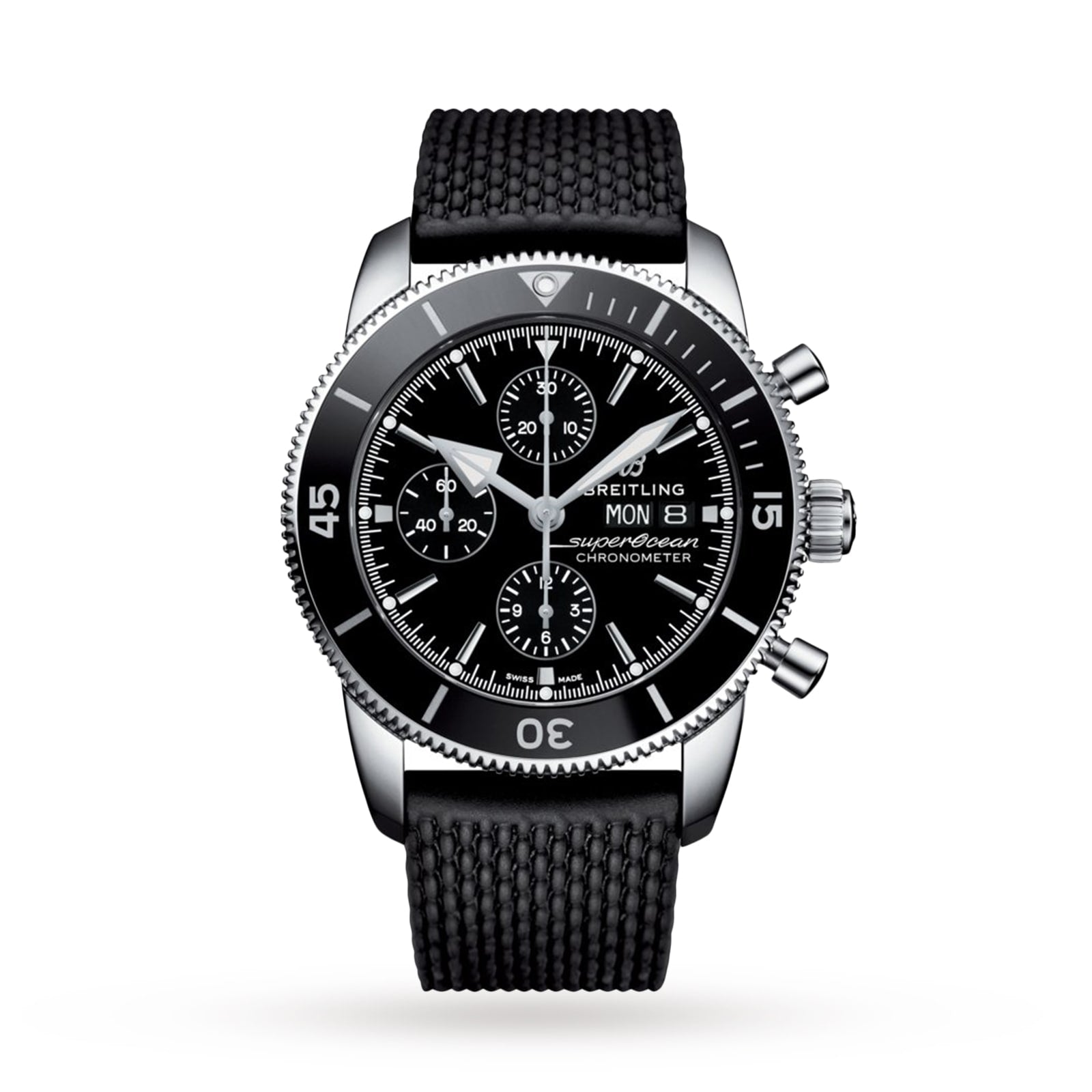 The Breitling Superocean Heritage Chronograph 44 features a black bezel, three subdials, day and date display, and a textured black rubber strap—powered by the precise Breitling 13 calibre.