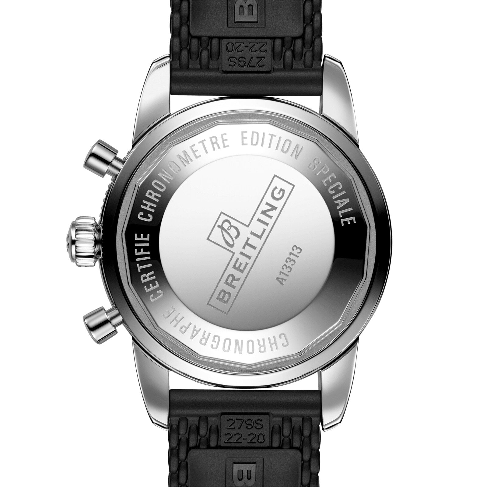 Back view of the Breitling Superocean Heritage Chronograph 44 showing engraved text on the metal case, including BREITLING, CHRONOMETER EDITION SPECIALE, and references to the precise Breitling 13 calibre.