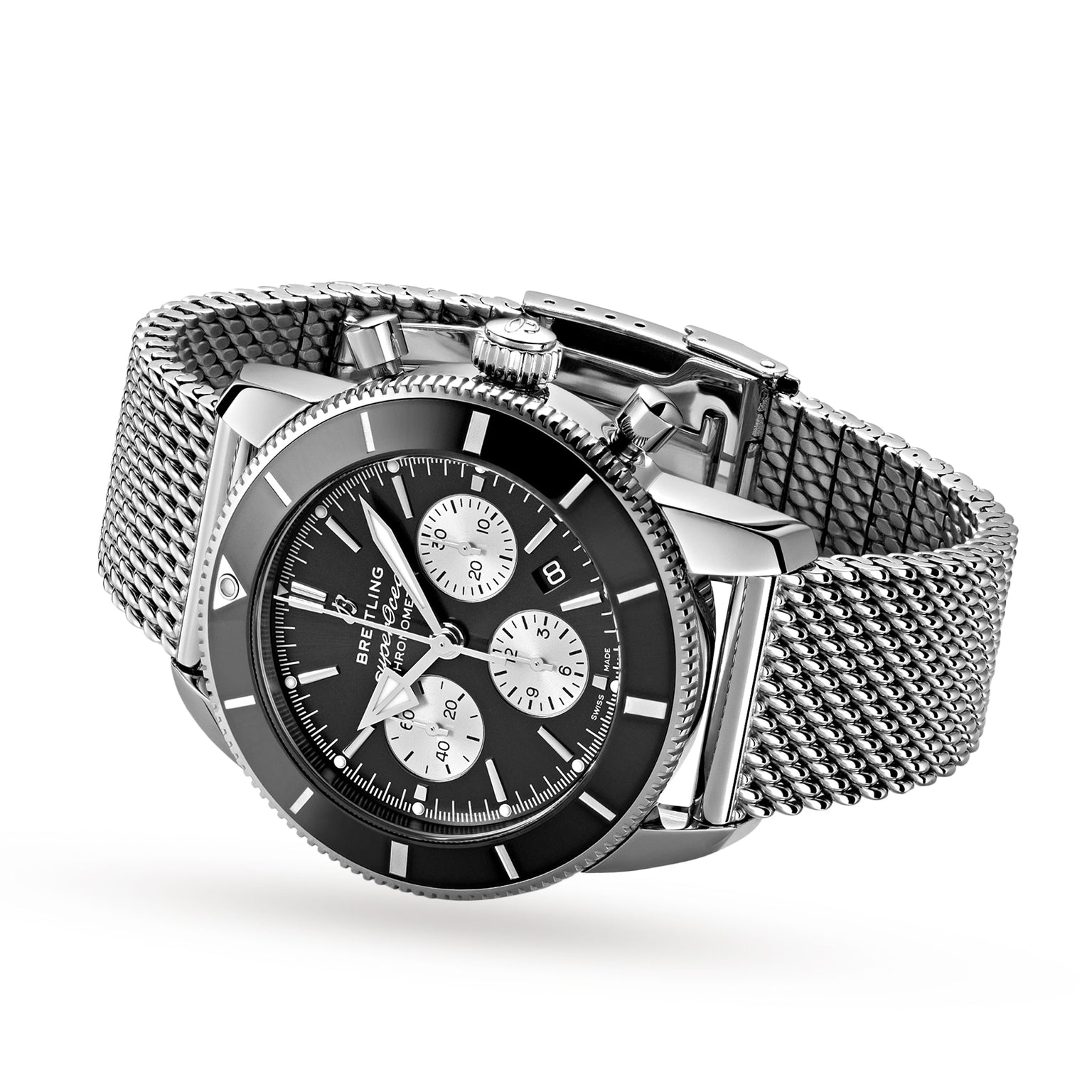 A Breitling Superocean Heritage B01 Chronograph 44 wristwatch in stainless steel with a black dial, three subdials, date window, and silver mesh strap, shown angled on a white background.