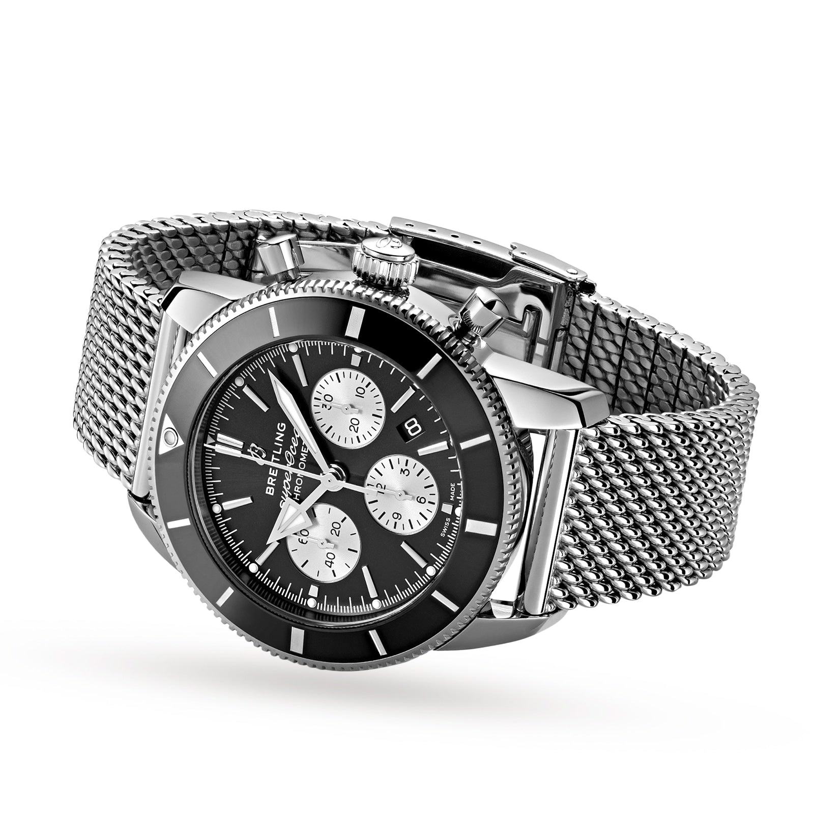 A Breitling Superocean Heritage B01 Chronograph 44 wristwatch in stainless steel with a black dial, three subdials, date window, and silver mesh strap, shown angled on a white background.
