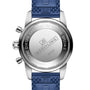 Back view of the Breitling Superocean Heritage Chronograph 44 with a blue rubber strap, featuring engraved text and the Breitling 13 calibre on its stainless steel case back.