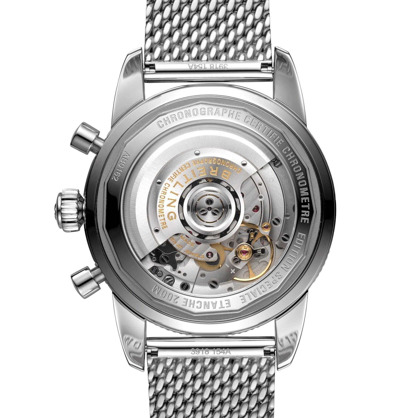 Close-up of the back of a Breitling Superocean Heritage B01 Chronograph 44, revealing its exposed automatic movement, detailed gears, engraved markings, and attached mesh metal strap.