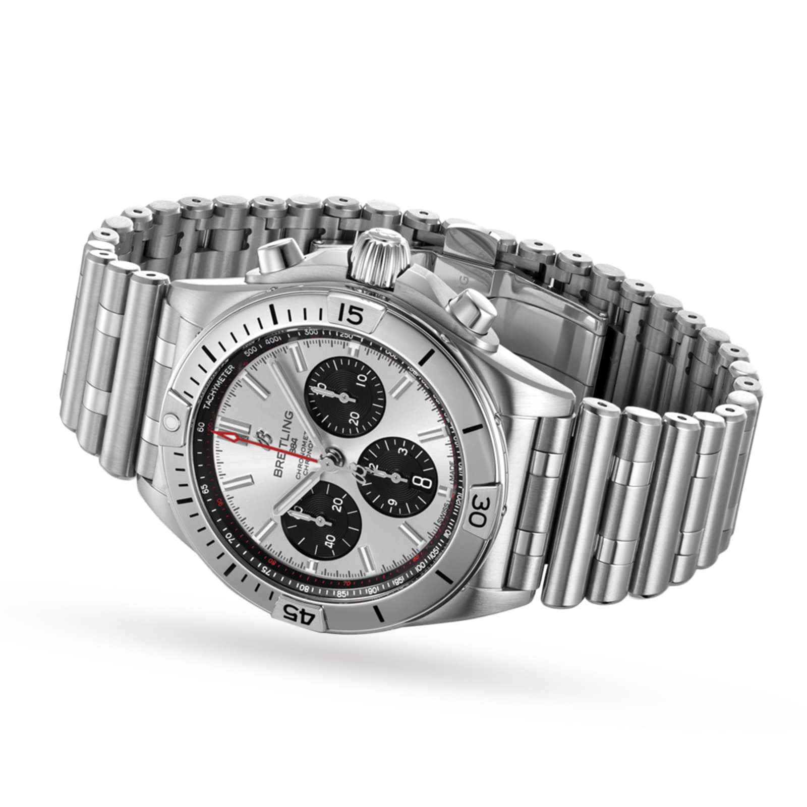The Breitling Chronomat B01 42, a stainless steel timepiece featuring a silver dial with three black subdials and a signature Rouleaux bracelet, is displayed at an angle.