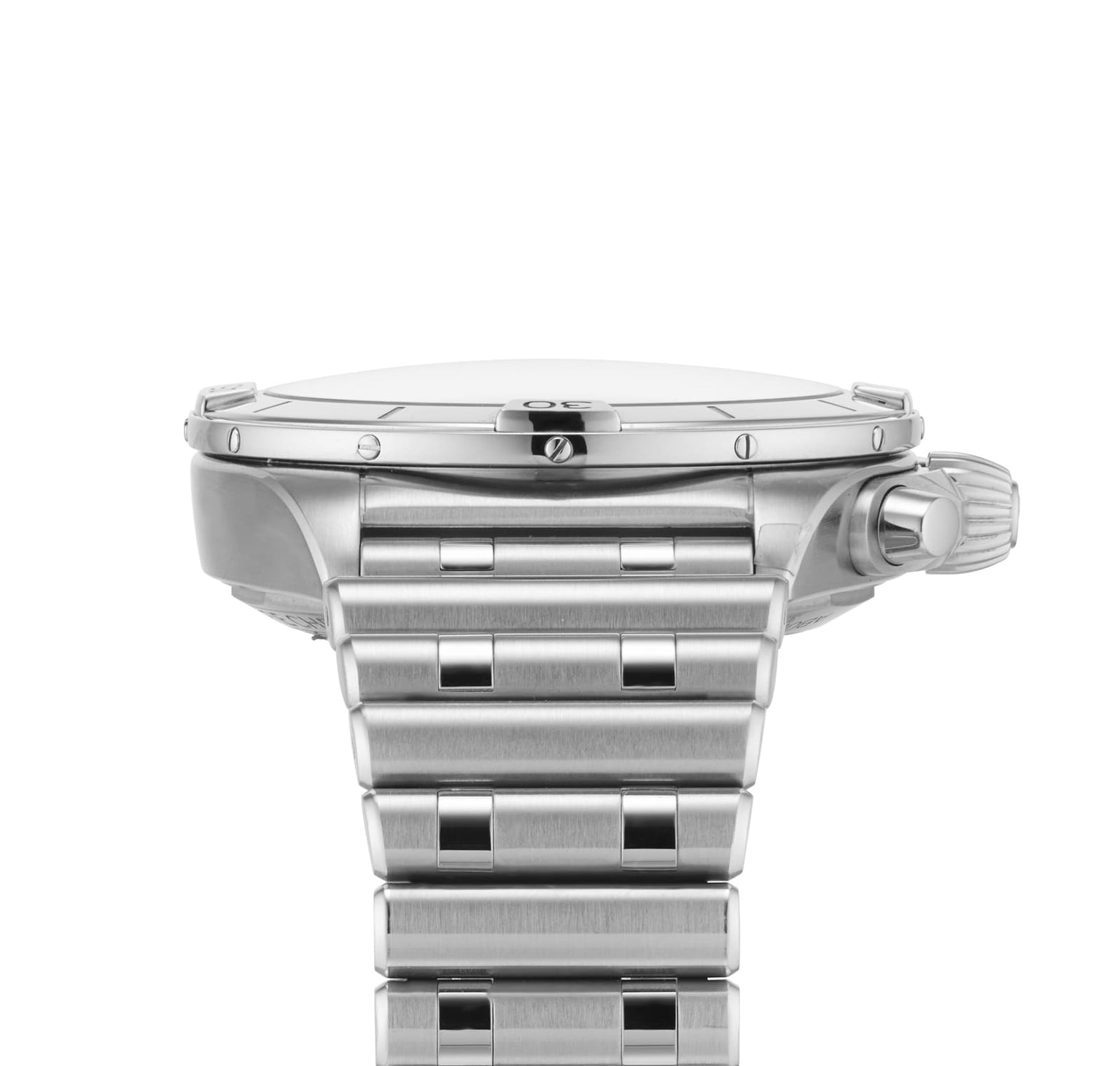 Side view of the Breitling Chronomat B01 42, a stainless steel mechanical watch with Rouleaux bracelet, visible crown, and flat bezel shown against a white background.