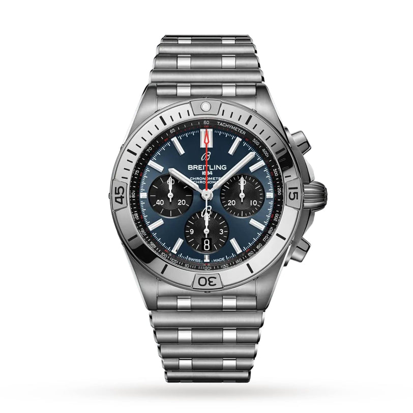 A Breitling Chronomat B01 42 stainless steel chronograph wristwatch features a black dial with three subdials, tachymeter scale, date window, and metal link bracelet, powered by the Breitling 01 movement, displayed on a white background.