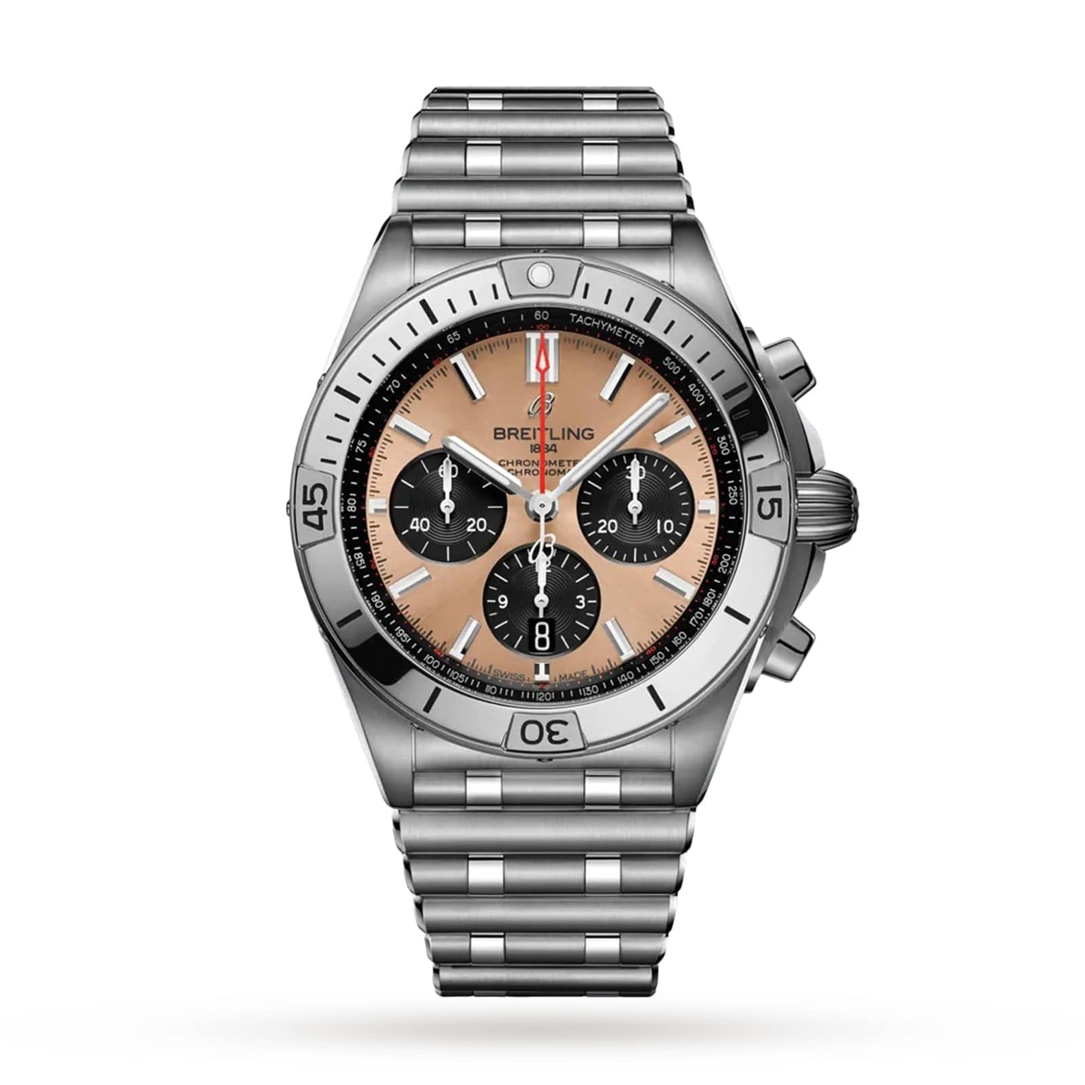 The Breitling Chronomat B01 42 is a stainless steel chronograph watch featuring a mechanical Breitling 01 movement, tan dial with three black subdials, tachymeter scale, and a linked metal bracelet, displayed on a white background.