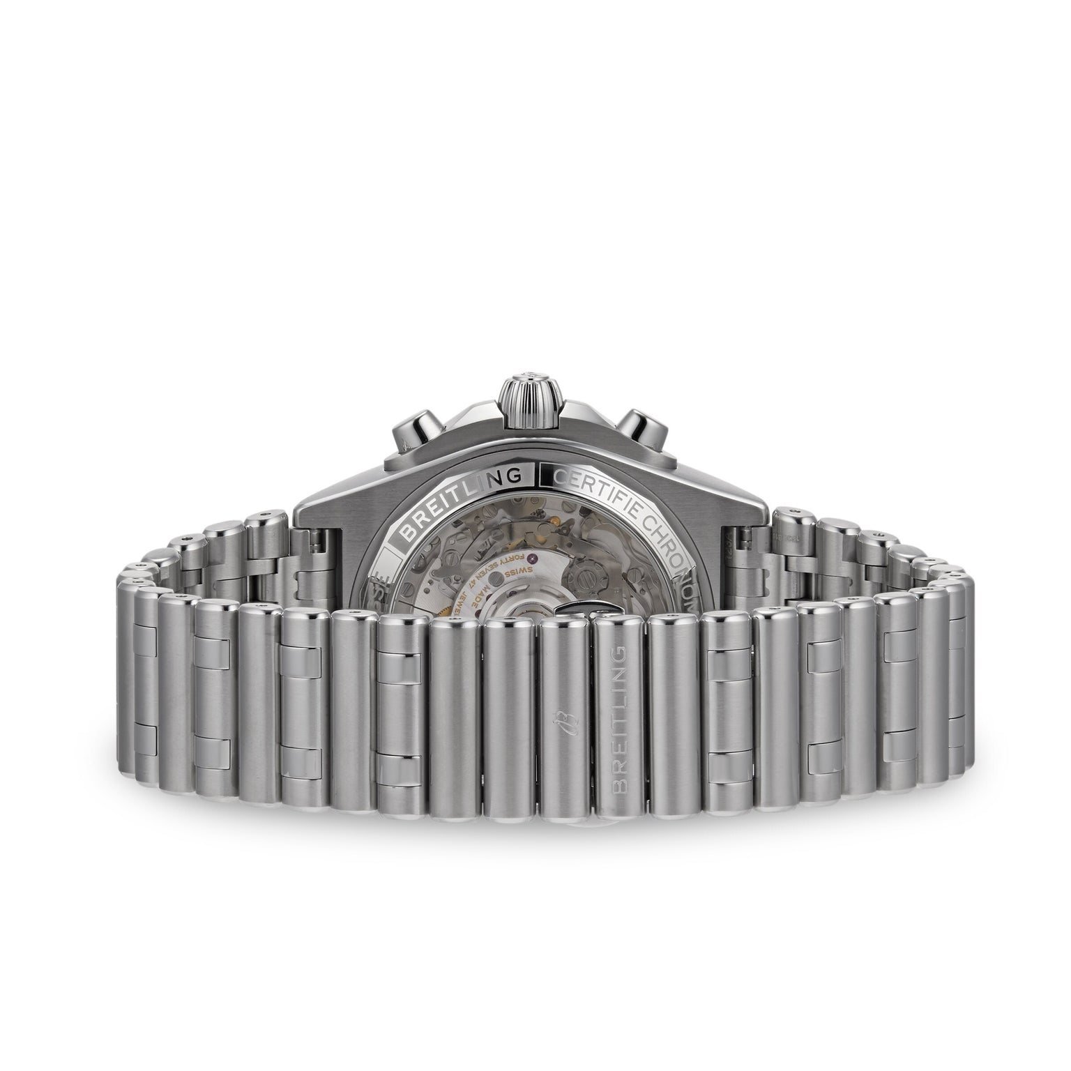Back view of the Breitling Chronomat B01 42, showcasing its stainless steel case, exhibition case back that reveals the movement, and a robust metal bracelet.