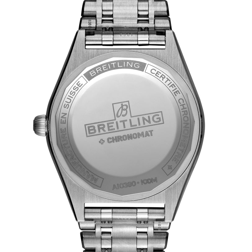 Back view of the Breitling Chronomat Automatic 36 in stainless steel, displaying the engraved brand logo, model name, COSC certification, and the signature Rouleaux bracelet.