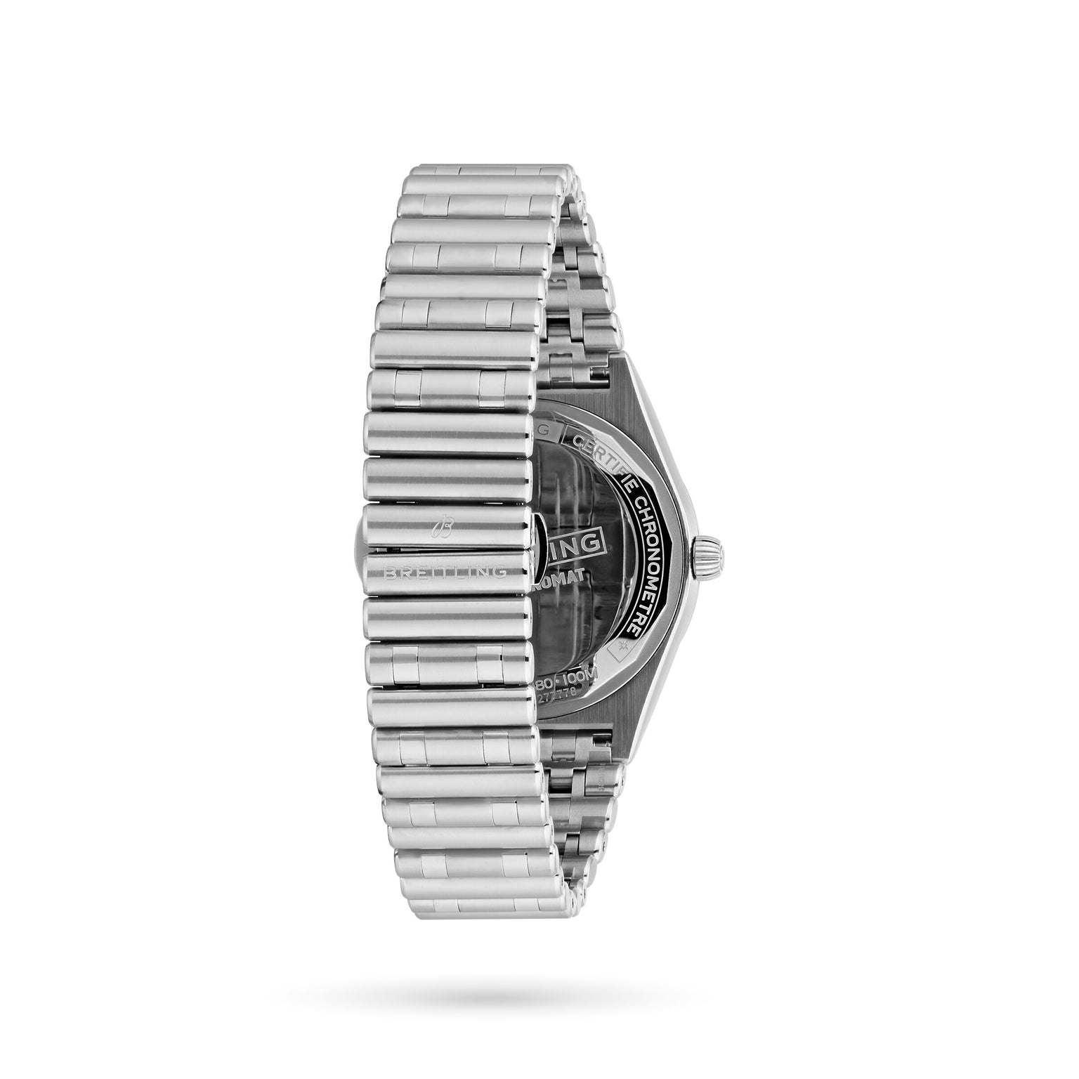 A side view of the silver Breitling Chronomat Automatic 36 wristwatch with a metal link band, showcasing its engraved case back and the COSC-certified Breitling 10 calibre movement.