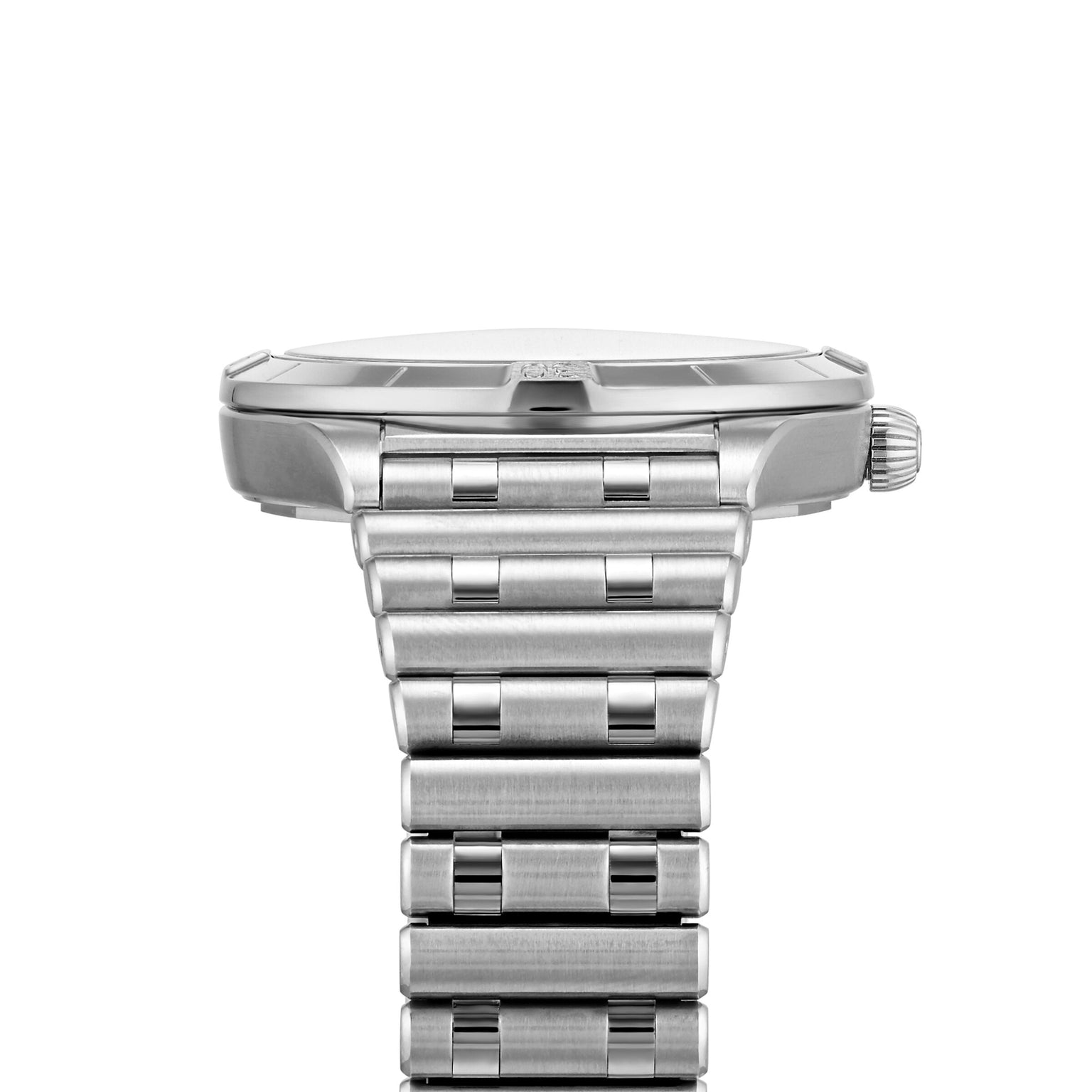 Side view of the Breitling Chronomat Automatic 36 wristwatch in stainless steel with a metal bracelet and visible crown, featuring the COSC-certified calibre, photographed on a white background.