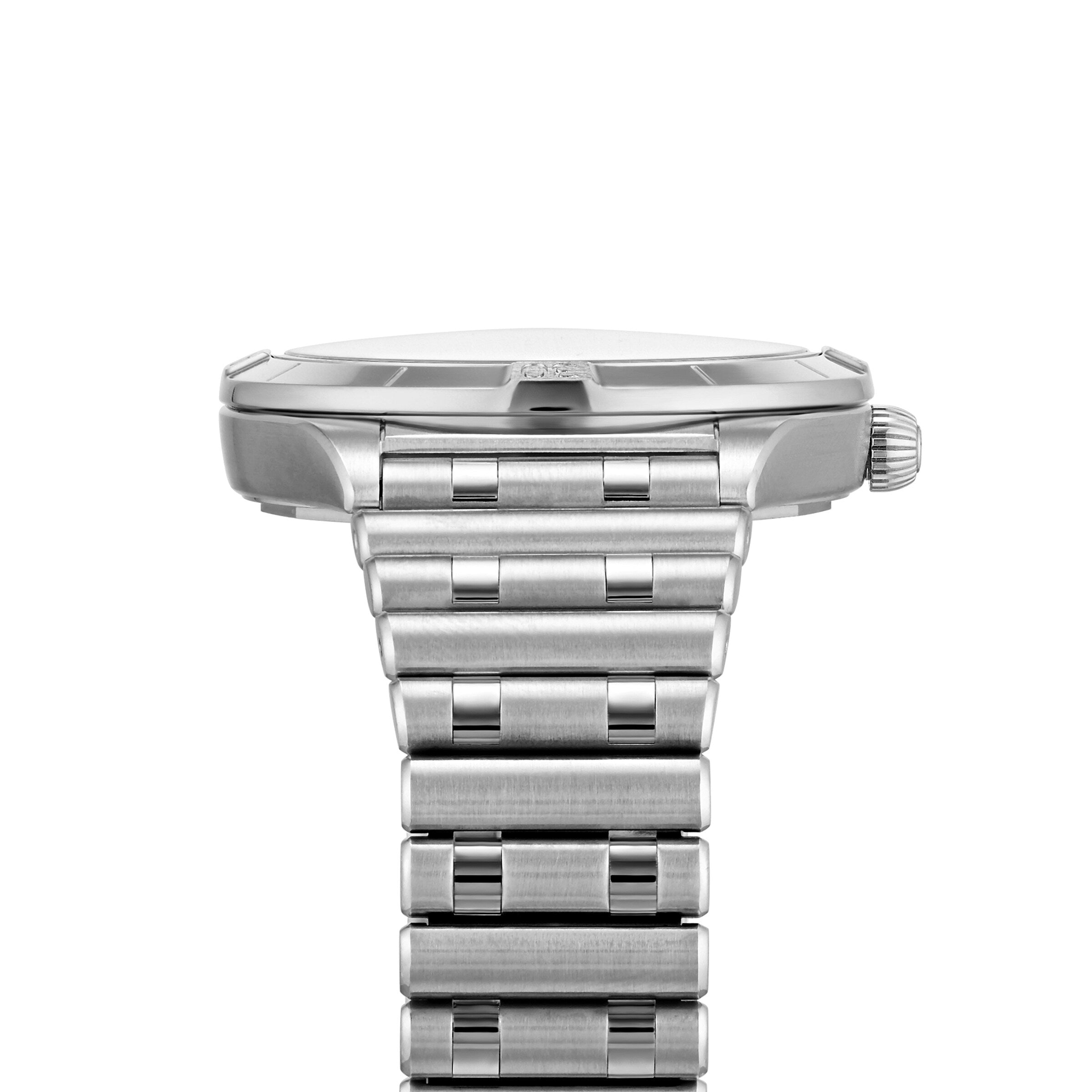 Side view of the Breitling Chronomat Automatic 36 wristwatch in stainless steel with a metal bracelet and visible crown, featuring the COSC-certified calibre, photographed on a white background.