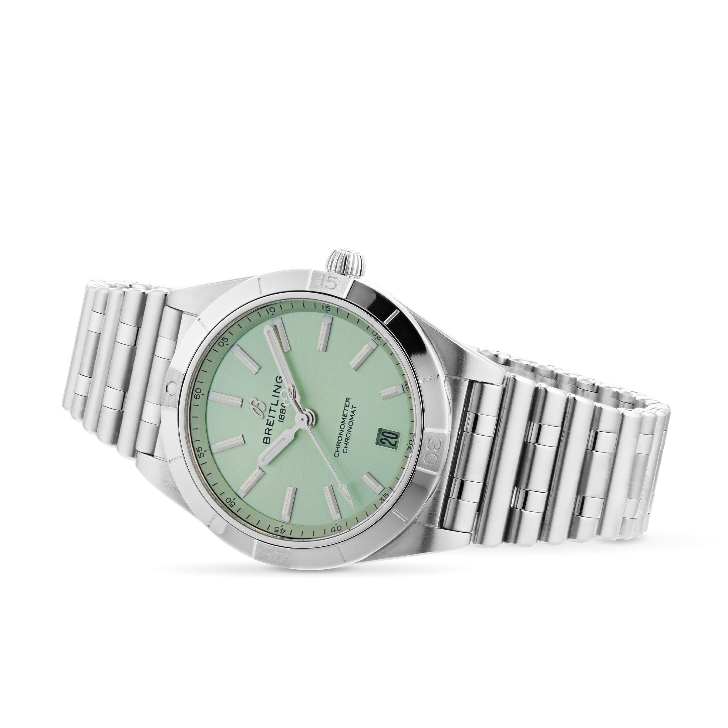 The Breitling Chronomat Automatic 36 features a stainless steel case, mint green dial with silver hour markers, date at 6 o’clock, and a Rouleaux bracelet, shown on a white background.