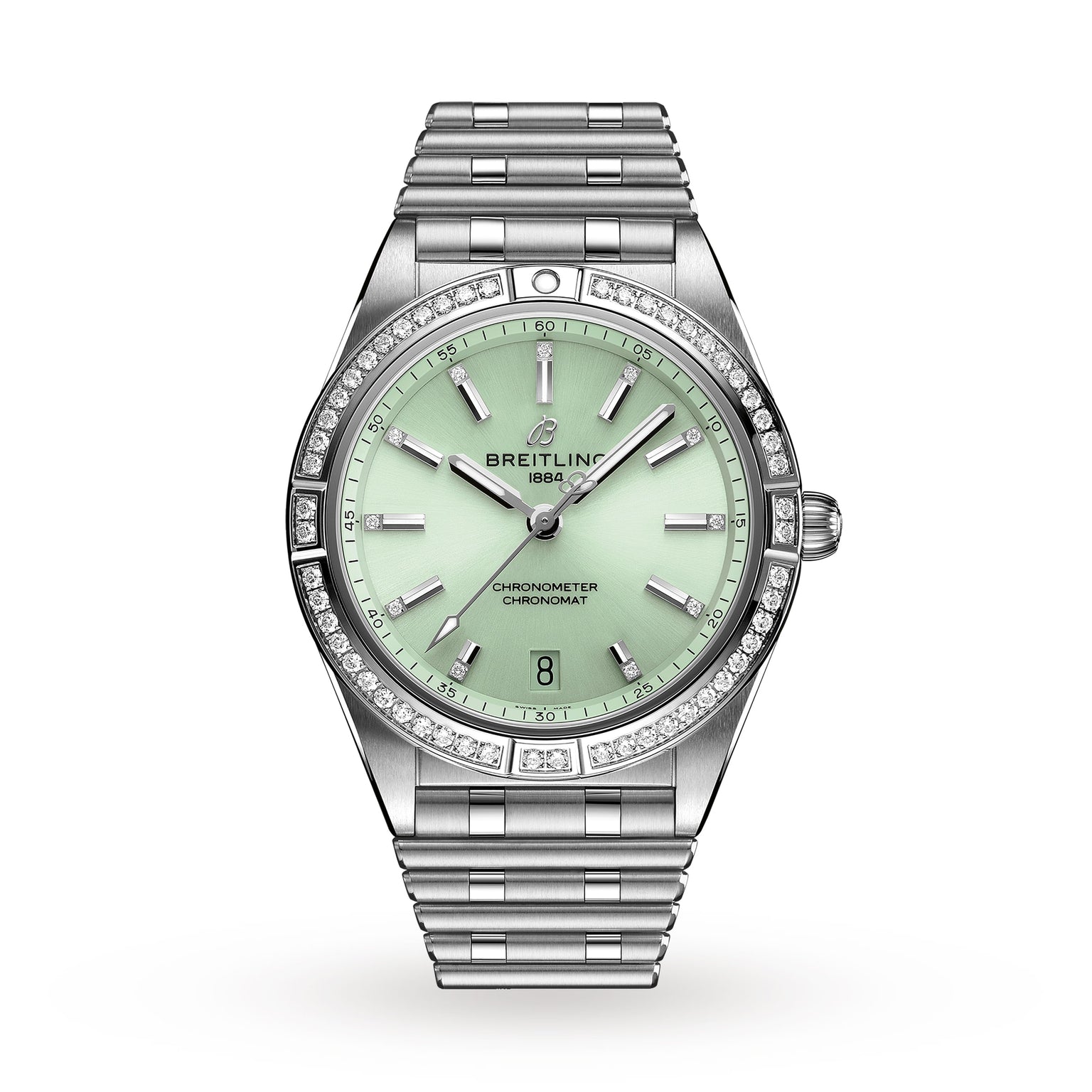 The Breitling Chronomat Automatic 36 is a silver wristwatch featuring a mint green face with diamond accents on the bezel and markers.