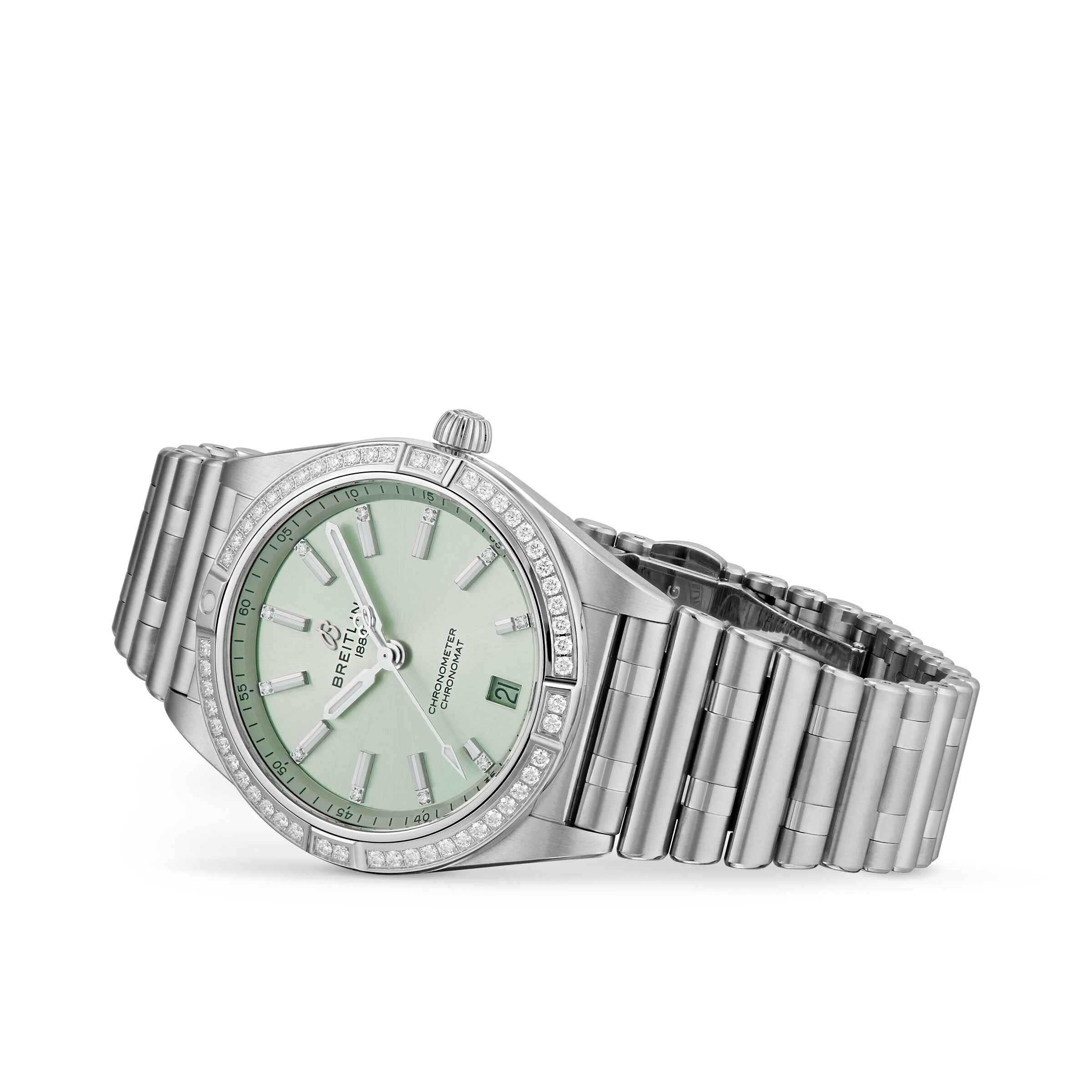 The Breitling Chronomat Automatic 36, featuring a mint green dial, date display, diamond-set bezel, and signature Rouleaux bracelet, is shown in silver against a white background.