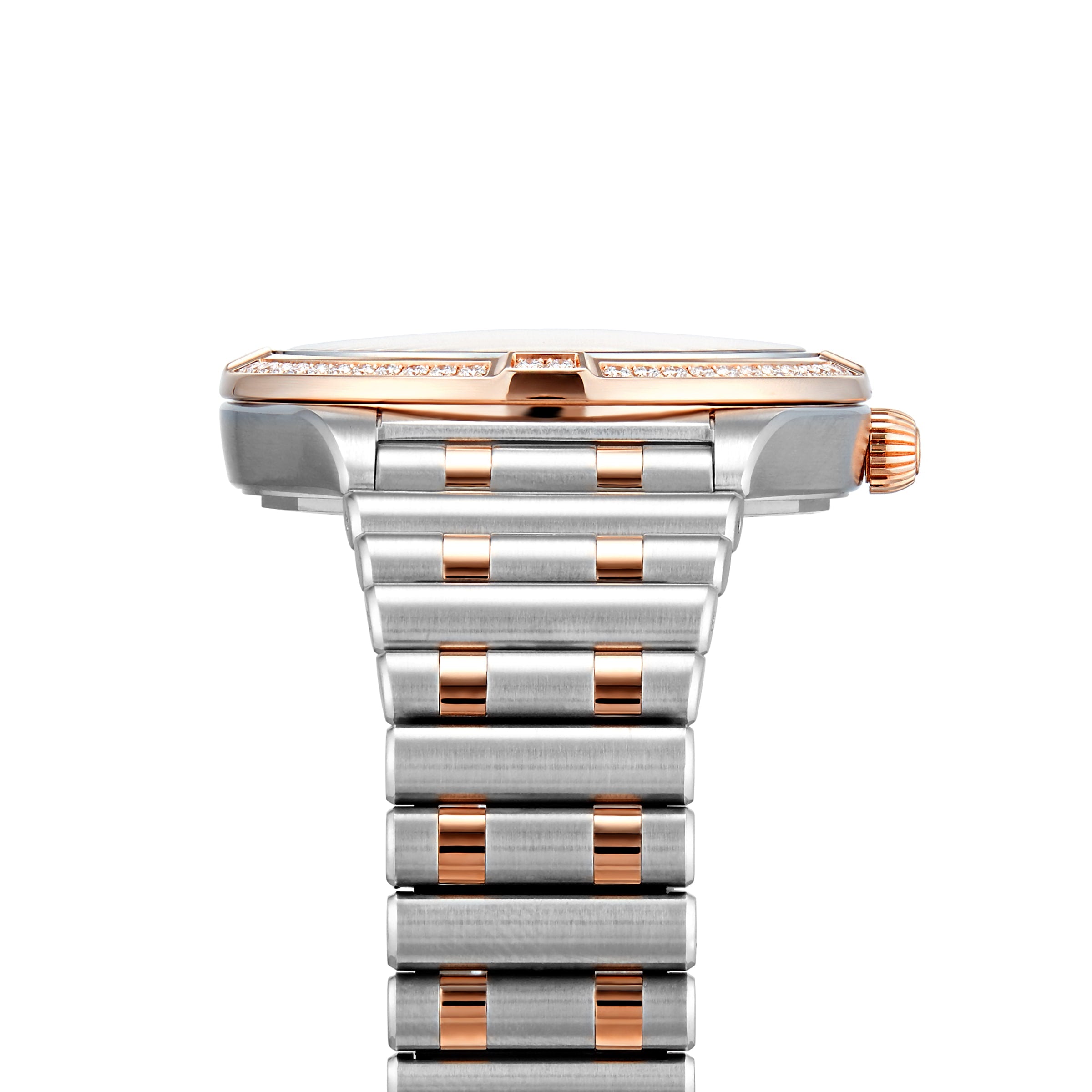 Close-up side view of the Breitling Chronomat Automatic 36, featuring a silver and rose gold metal link band, visible watch crown, and a slim bezel set with diamonds.