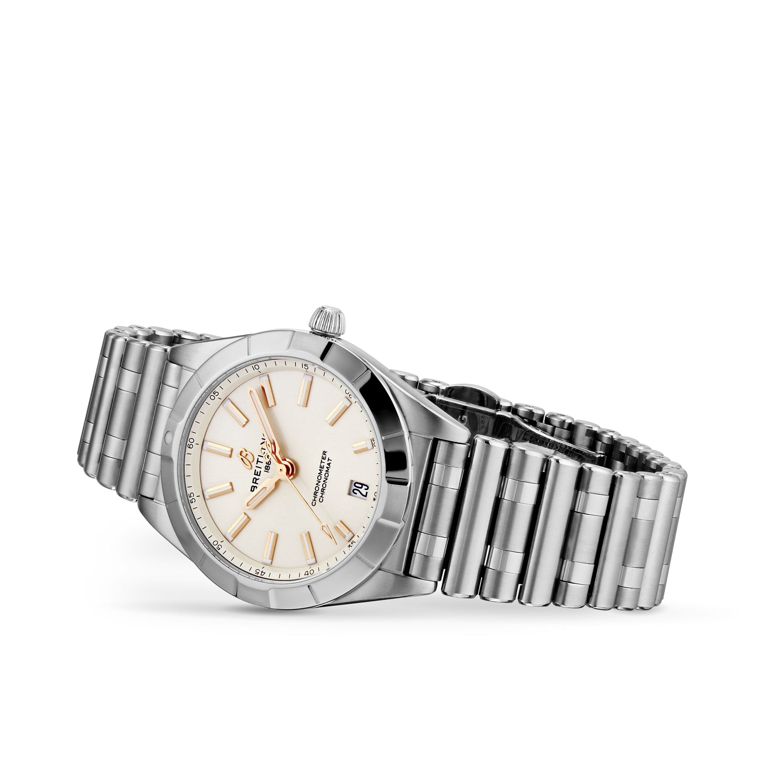 The Breitling Chronomat 32 is a stainless steel wristwatch with a Rouleaux bracelet, white dial, gold hour markers, date at 3 oclock, and is powered by the precise Breitling 77 calibre.