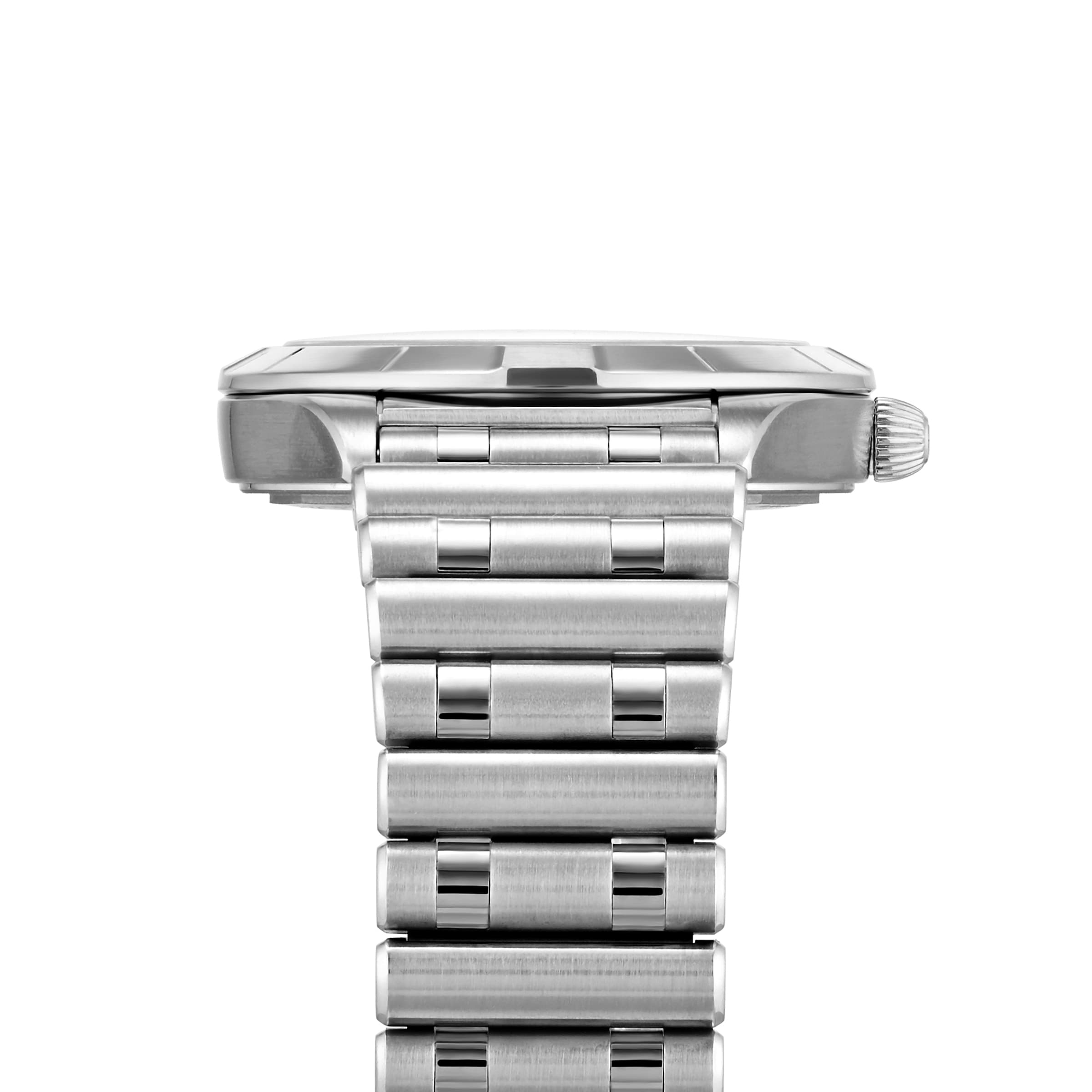 Side view of the Breitling Chronomat 32 wristwatch with a stainless steel Rouleaux bracelet, highlighting the crown and watch case profile against a white background.