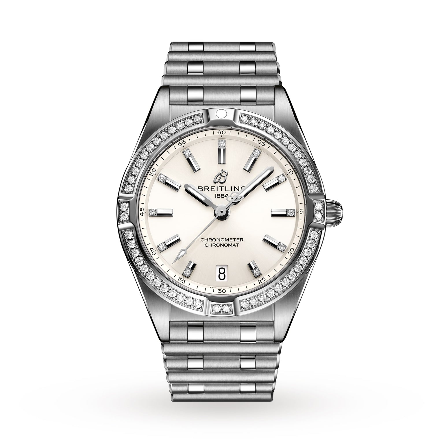 Breitling Chronomat 32: A silver wristwatch with a white dial, diamond-set bezel, Rouleaux bracelet, date at 6 o’clock, and SuperQuartz™ chronometer movement.