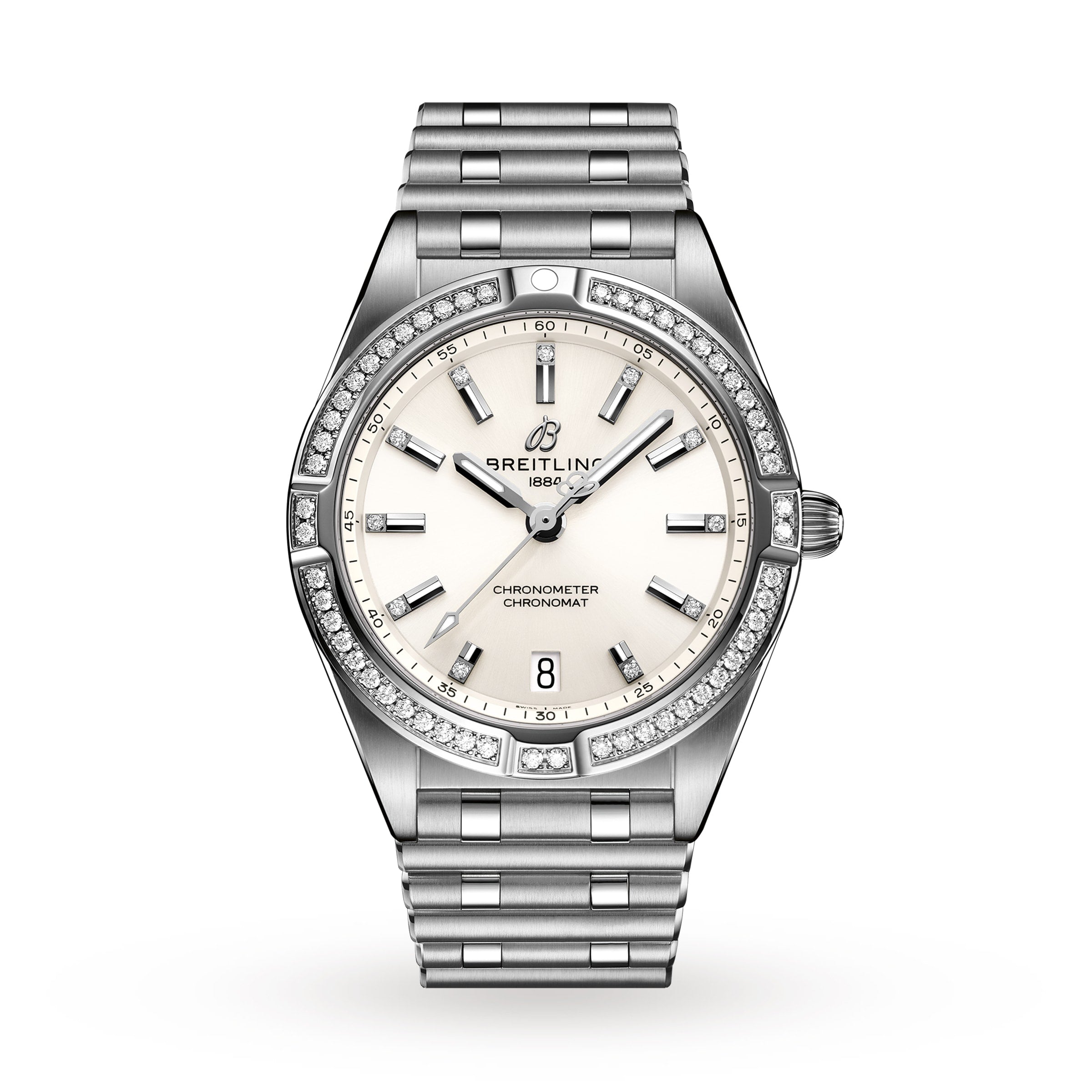 Breitling Chronomat 32: A silver wristwatch with a white dial, diamond-set bezel, Rouleaux bracelet, date at 6 o’clock, and SuperQuartz™ chronometer movement.