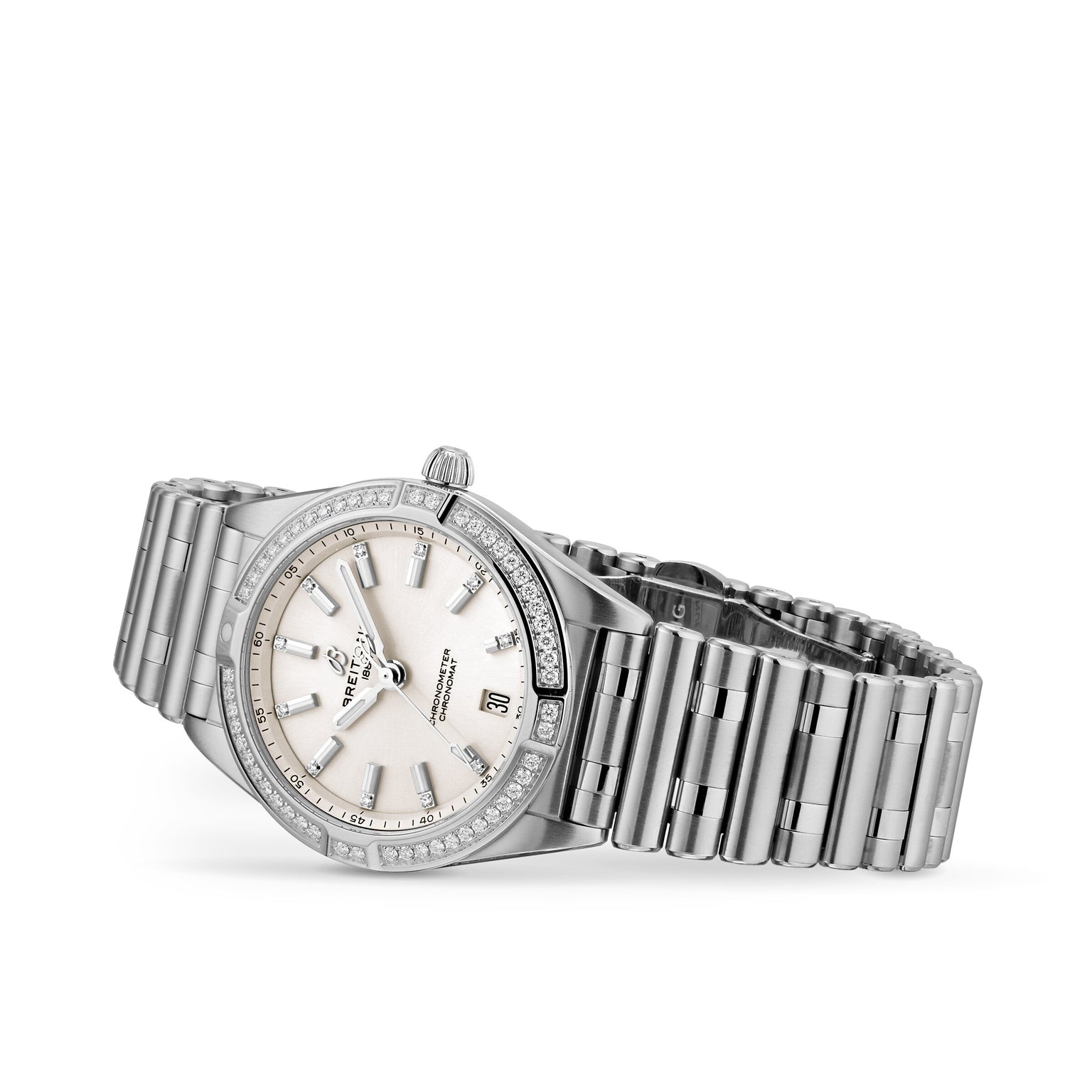 The Breitling Chronomat 32 is a silver wristwatch featuring a Rouleaux bracelet, diamond bezel, white dial, silver hour markers, and a date display at the 3 o’clock position.