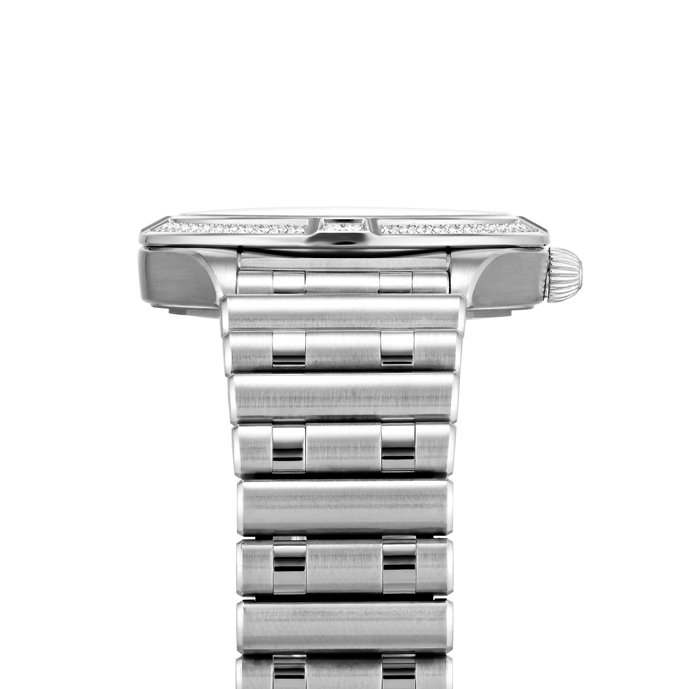 Side view of a silver Breitling Chronomat 32 wristwatch with a rectangular face and Rouleaux bracelet, photographed on a white background.