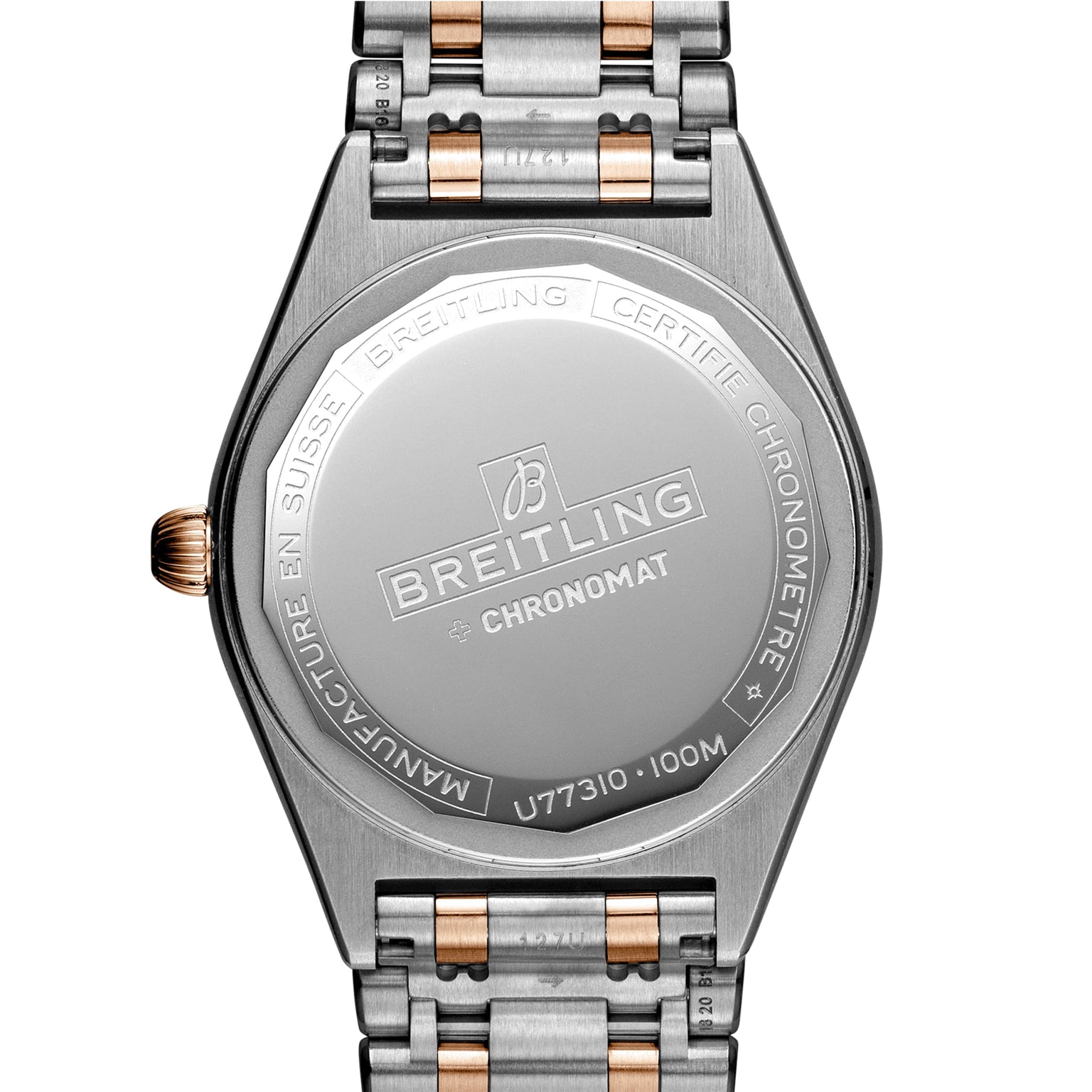 Back view of the Breitling Chronomat 32 watch featuring engraved branding, COSC-certified chronometer details, and a two-tone metal bracelet.