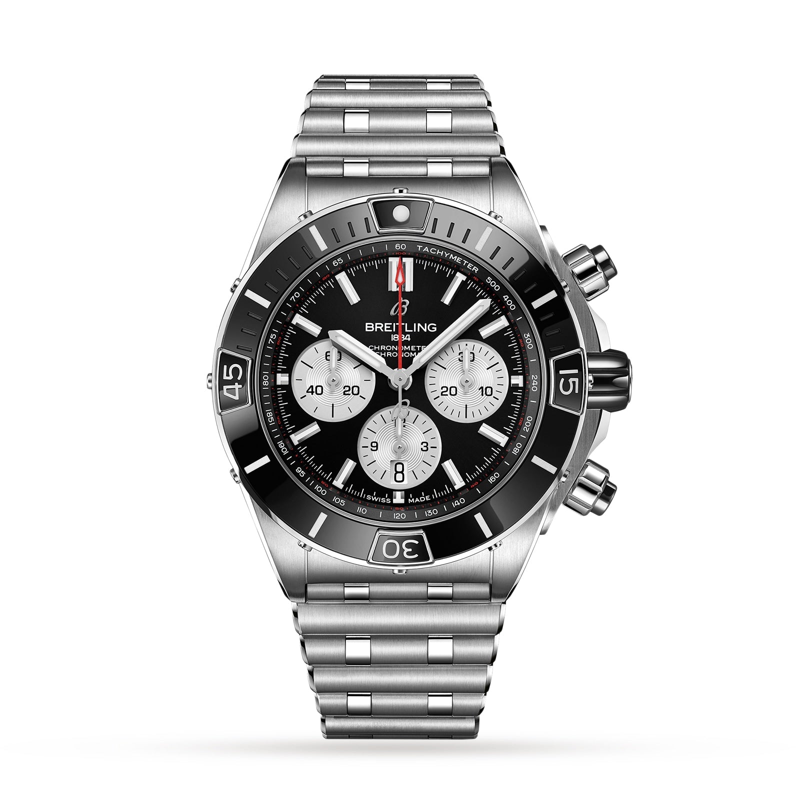 The Breitling Super Chronomat B01 44, a stainless steel watch with black bezel and dial, three subdials, date window, and signature Rouleaux bracelet, is displayed against a white background.