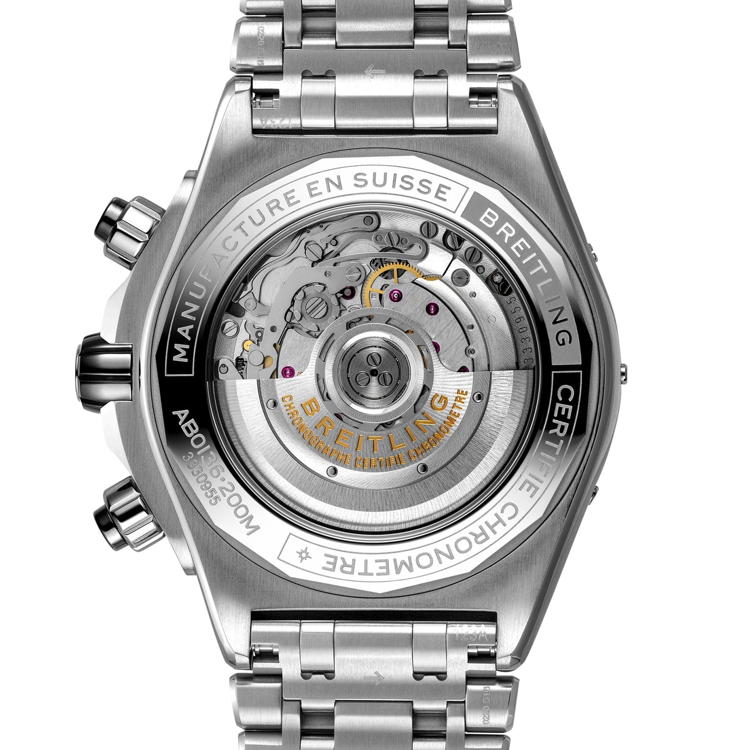 Close-up of the back of a Breitling Super Chronomat B01 44, showing its transparent case that reveals the detailed Breitling 01 movement and engraved metal casing.