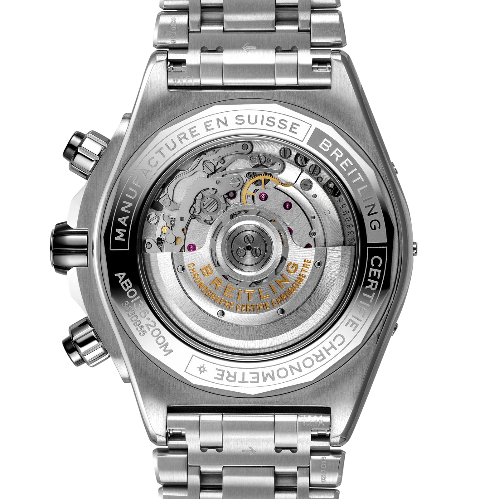 Close-up of the back of a Breitling Super Chronomat B01 44, showing its transparent case that reveals the detailed Breitling 01 movement and engraved metal casing.