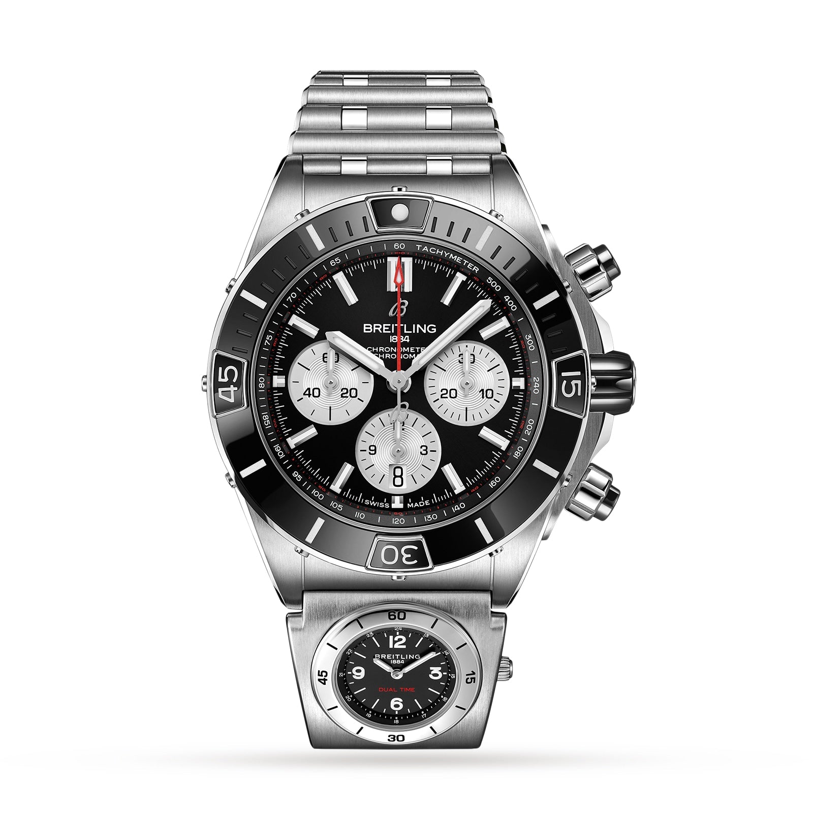 The Breitling Super Chronomat B01 44 is a stainless steel mechanical chronograph watch featuring a black bezel, three subdials, and a linked bracelet, displayed above a smaller stainless steel analog watch.