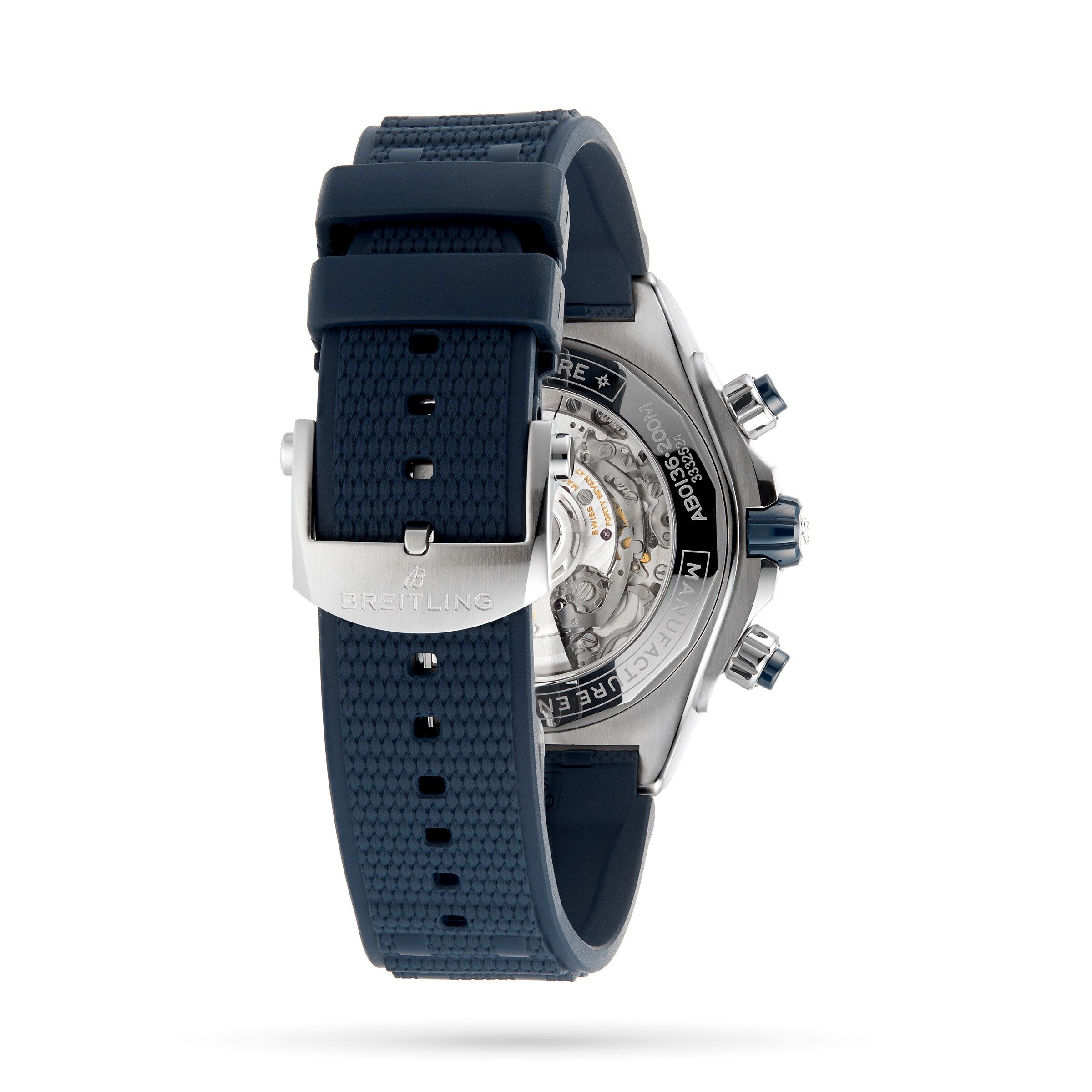 A close-up of the back of the Breitling Super Chronomat B01 44 reveals its detailed chronograph movement through a transparent case, paired with a blue textured rubber strap and secure stainless steel buckle.