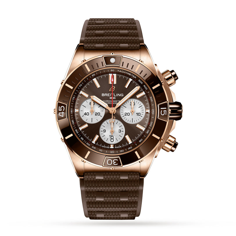 Brown and gold Breitling Super Chronomat B01 C44 chronograph with tachymeter bezel, three subdials, date window, textured brown strap, and Breitling 01 calibre movement, shown on a white background.