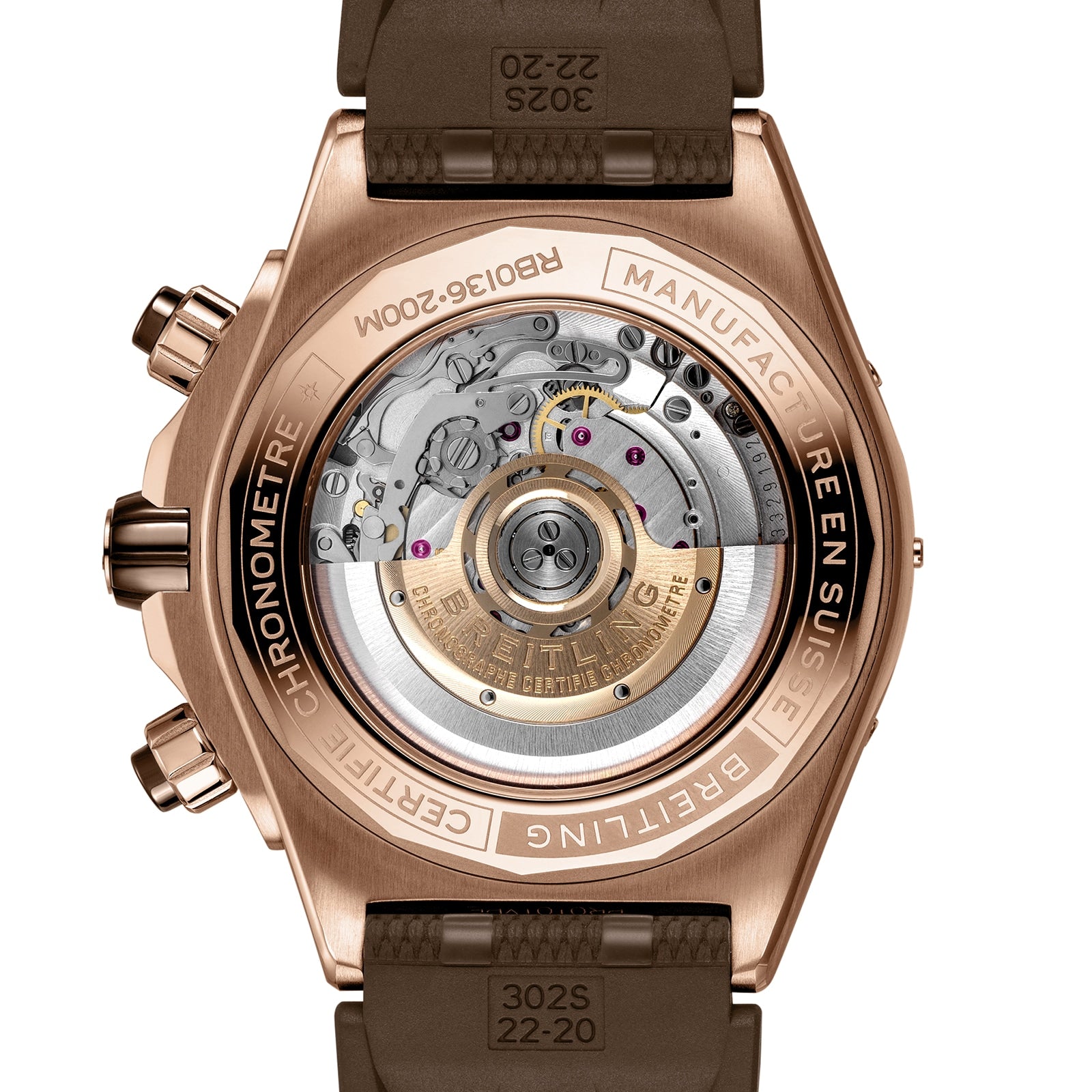 Close-up of the back of a Breitling Super Chronomat B01 C44, featuring ceramic and 18ct rose gold, with the Breitling 01 calibre visible through a transparent caseback engraved with text.