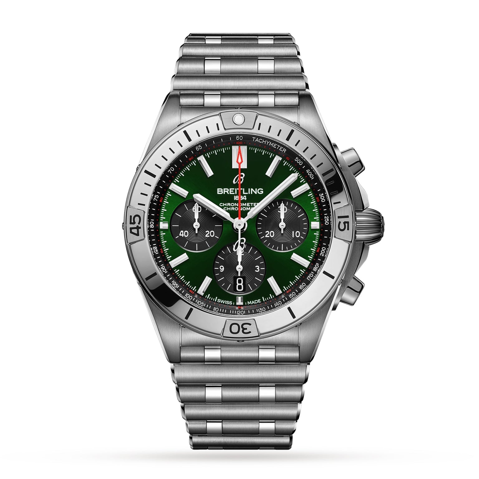 The Breitling Chronomat B01 42, a stainless steel chronograph watch with green dial, three subdials, tachymeter, and metal link bracelet, is shown on a white background. This bold timepiece features a robust stainless steel case.