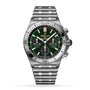 The Breitling Chronomat B01 42, a stainless steel chronograph watch with green dial, three subdials, tachymeter, and metal link bracelet, is shown on a white background. This bold timepiece features a robust stainless steel case.