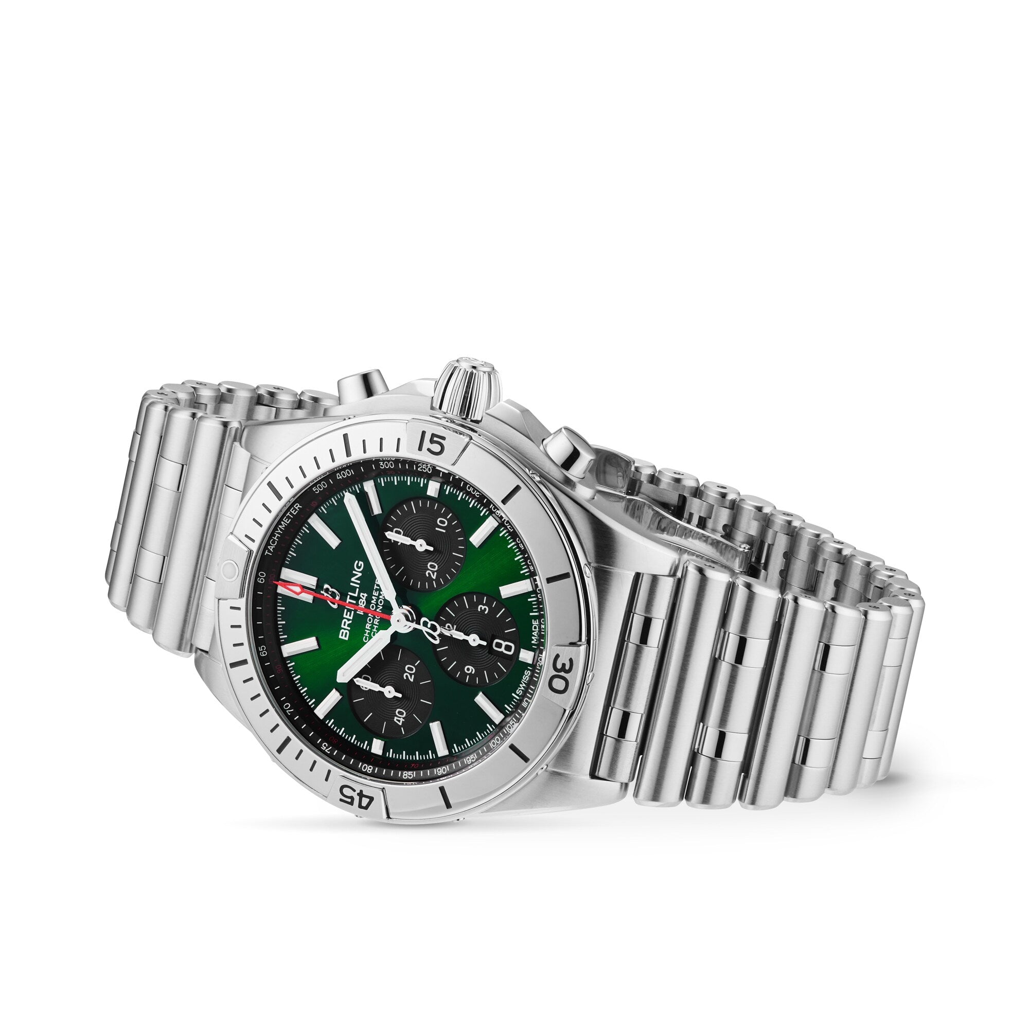 The Breitling Chronomat B01 42 is a stainless steel mechanical watch with a green and black dial, three subdials, and a linked metal bracelet.