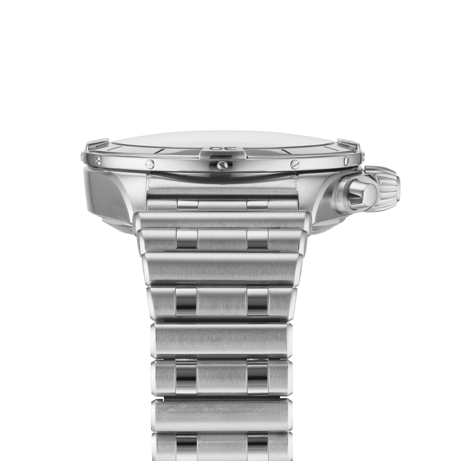 Side view of the Breitling Chronomat B01 42 wristwatch with a stainless steel case, metal bracelet, and prominent crown, photographed on a white background.