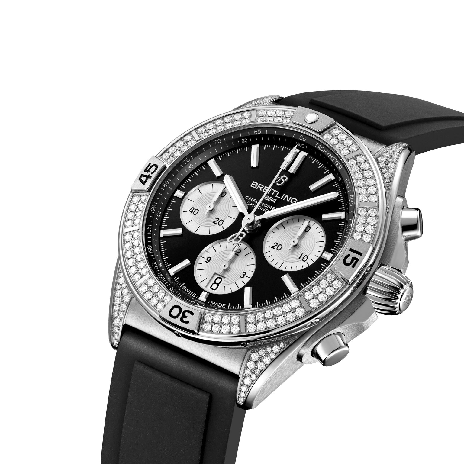A luxury Breitling Chronomat B01 42 chronograph features a black dial with three subdials, diamond-encrusted bezel, black rubber strap, and COSC-certified chronometer movement, photographed on a white background.