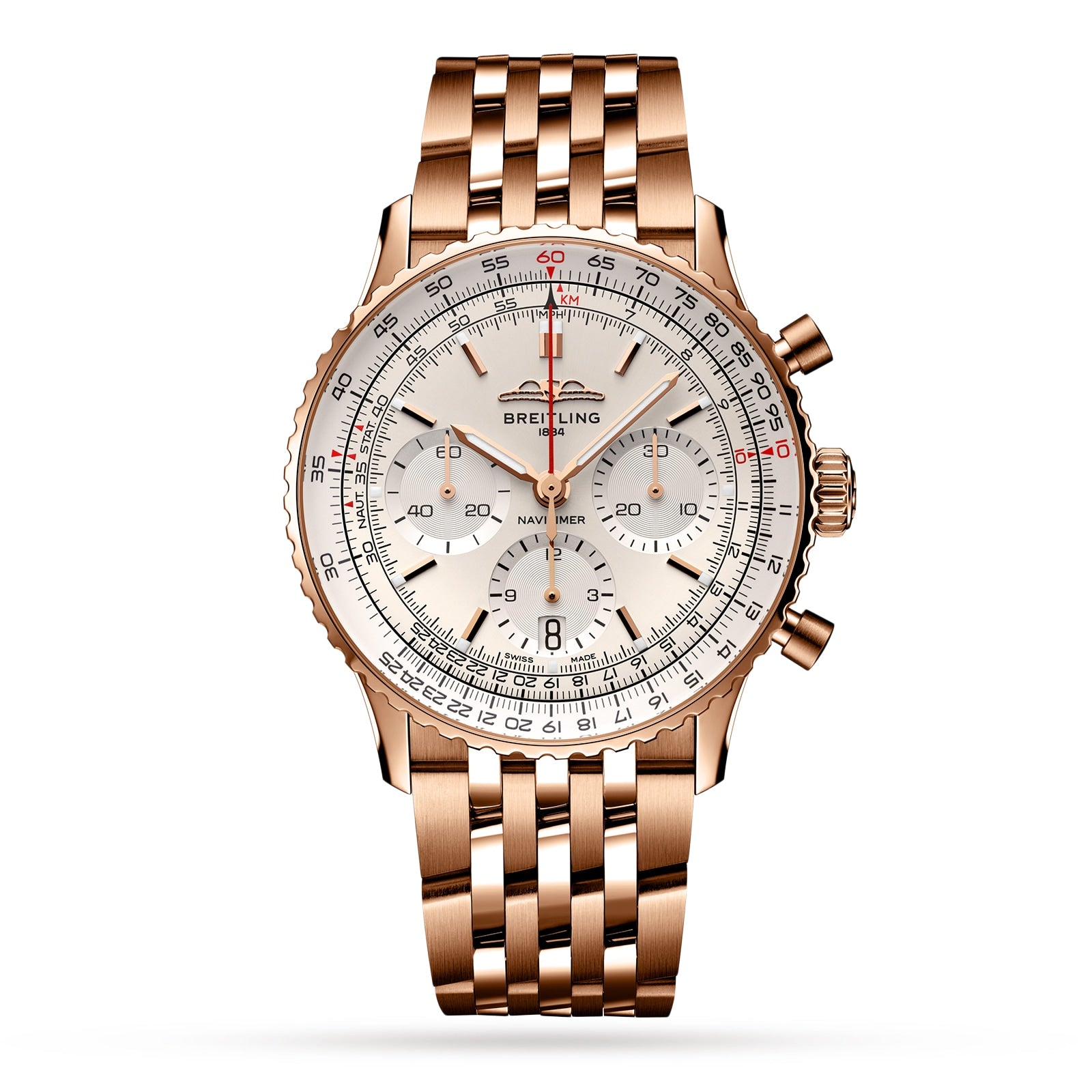 The Breitling Navitimer B01 Chronograph 41 is a rose gold watch with a link bracelet, silver dial, three subdials, red accents on the chronograph hand and scale, and is powered by the precise Breitling 01 calibre.