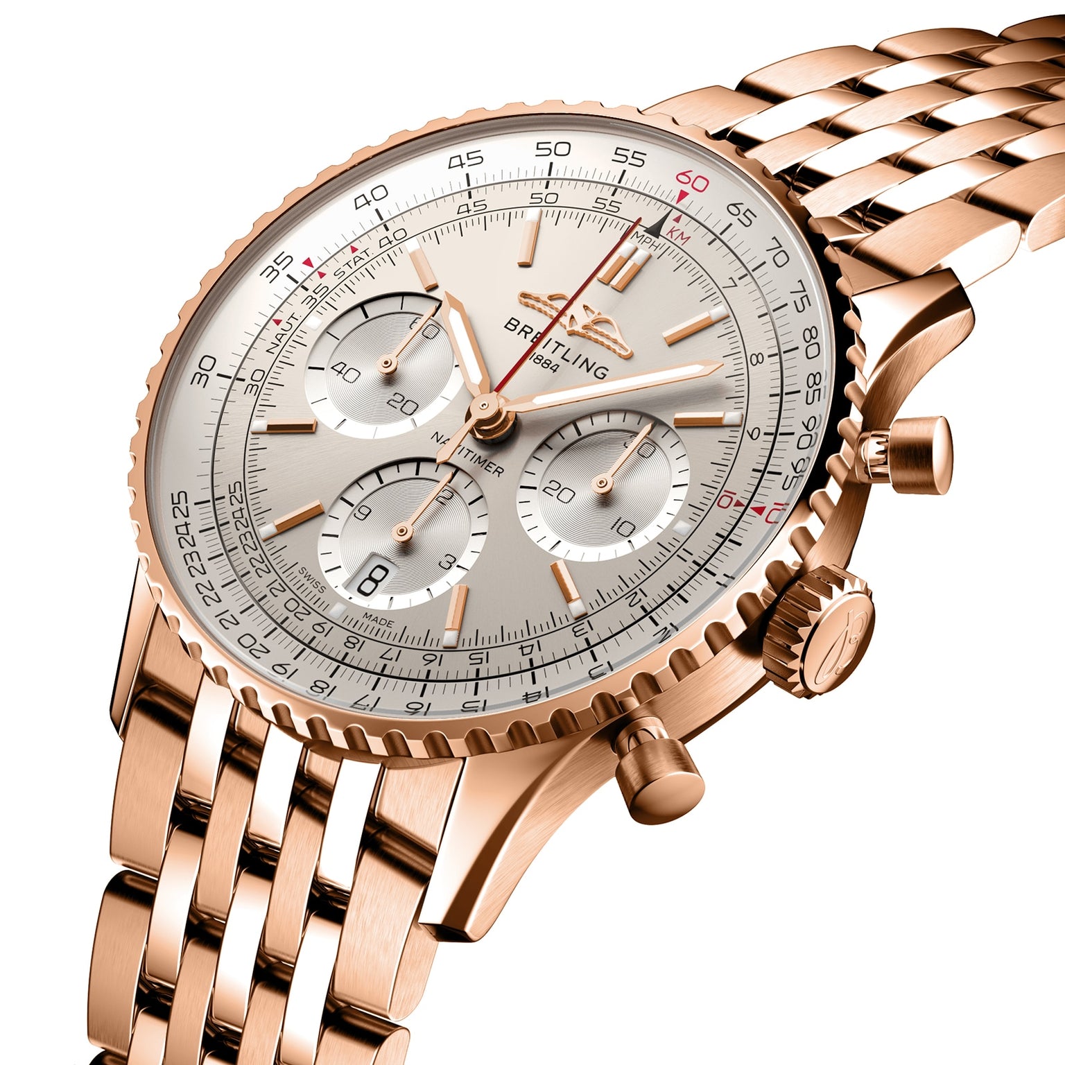 A close-up of the Breitling Navitimer B01 Chronograph 41 highlights its rose gold case and bracelet, multiple subdials, and detailed engraved bezel, all powered by the Breitling 01 calibre.