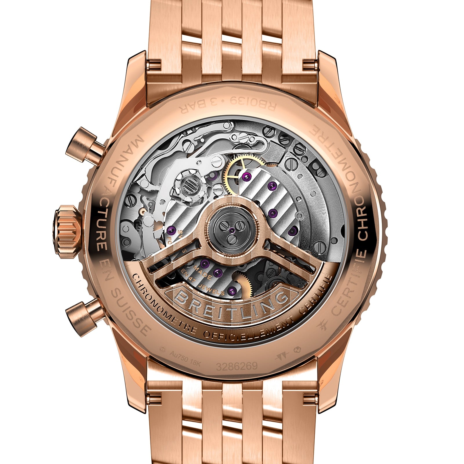 Close-up of the Breitling Navitimer B01 Chronograph 41’s back, highlighting its intricate Breitling 01 calibre movement and engraved details on the gold case and bracelet.