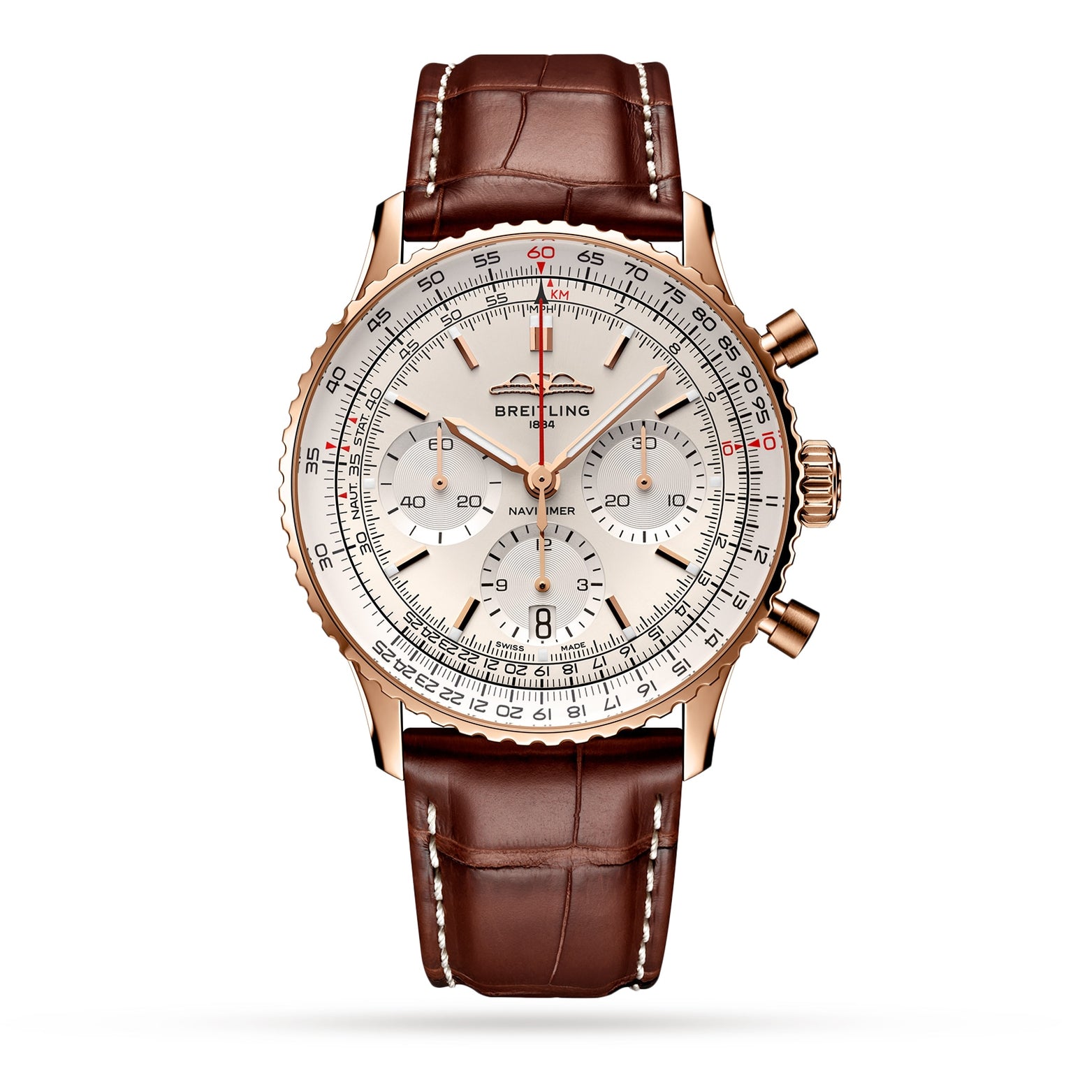 The Breitling Navitimer B01 Chronograph 41 features a white dial with three subdials, a gold case, brown leather strap, visible right-side pushers, and is powered by the renowned Breitling 01 calibre movement.