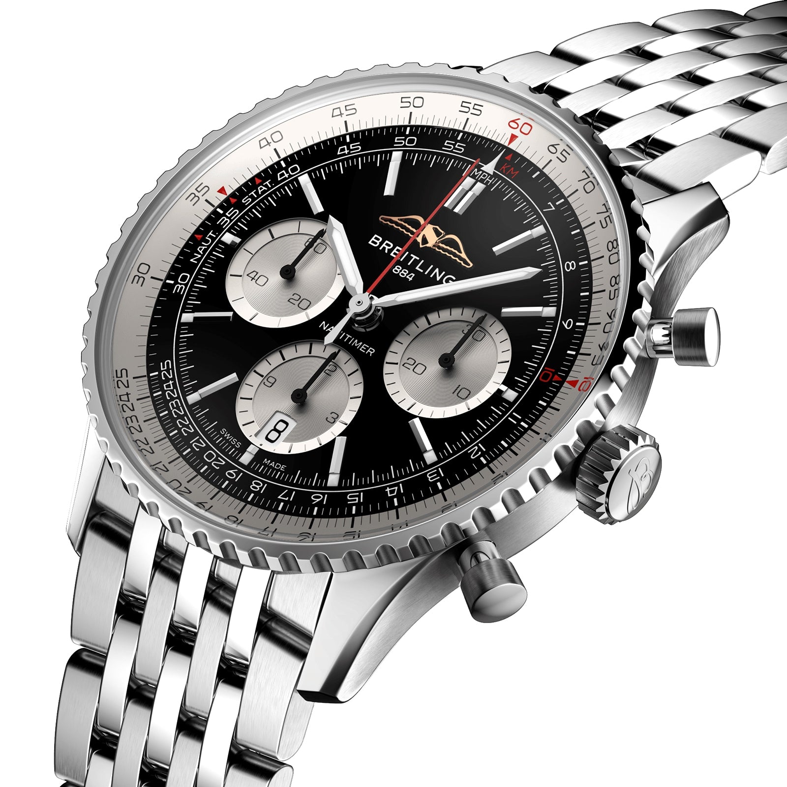 Close-up of a Breitling Navitimer B01 Chronograph 43, featuring a stainless steel case, black dial with three subdials, date window, and metal link bracelet.